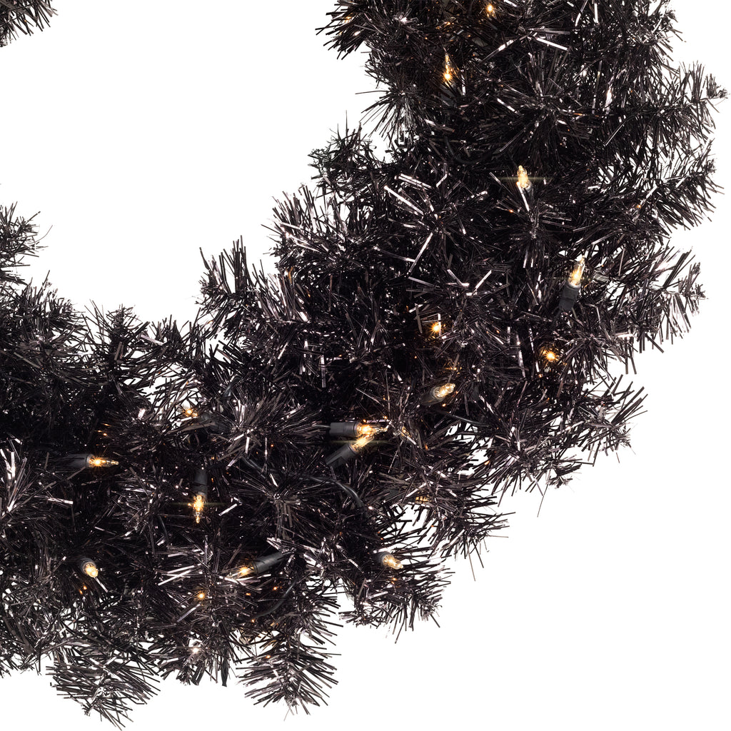 Northlight Pre-Lit Artificial Halloween Tinsel Wreath - 24" - Black - Clear Lights