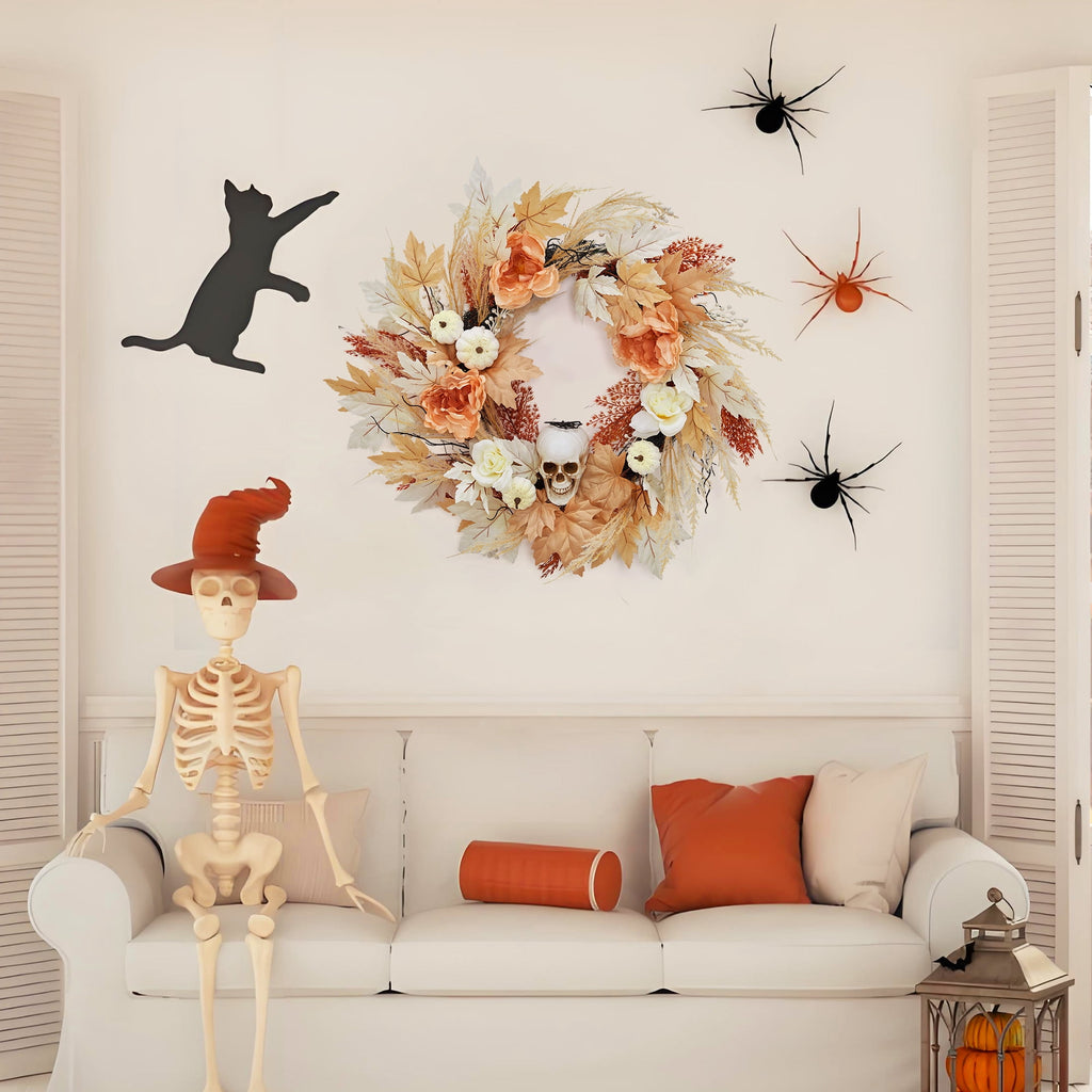 24 in Halloween Wreaths for Front Door.Fall Pumpkin Maple Leaves Wreath with Spooky Skeleton.Fall Halloween Door Decor. Outdoor Wreath for Porch Wall Window Decorations