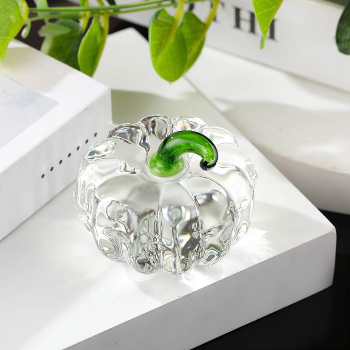 Fall Decor Mini Blue Hand Blown Glass Pumpkin Figurine Transparent Crystal Pumpkin with Green Stem Art Glass Fruit Tabletop Decor for Home Office Shelf Thanksgiving Halloween Gift