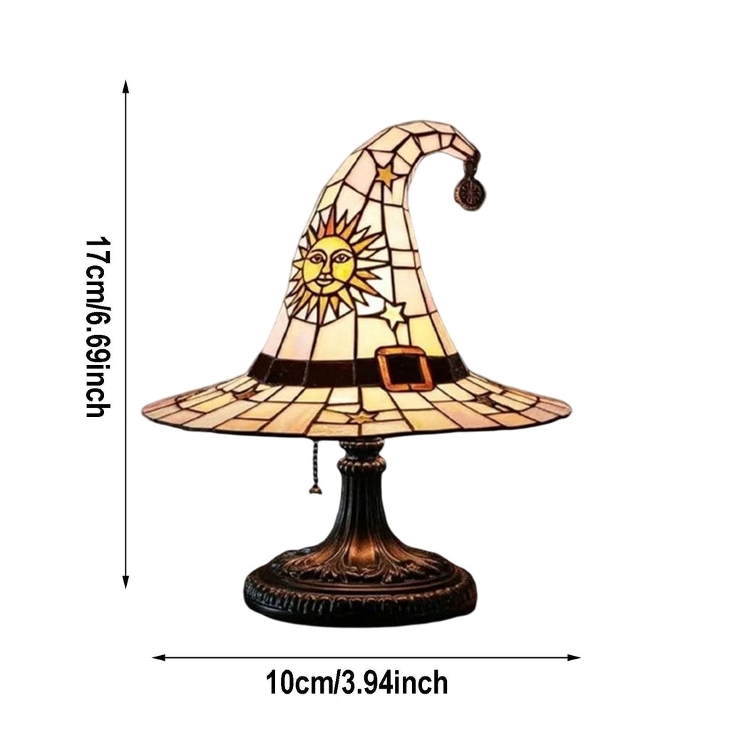 Stained Glass Witch hat lamp, 7" Halloween Gothic Mystic Room Decor Handcrafted Ceramic Phantom Figurine, USB Rechargeable LED Glowing Lantern for Bedroom Living Room Mantel Home Decor