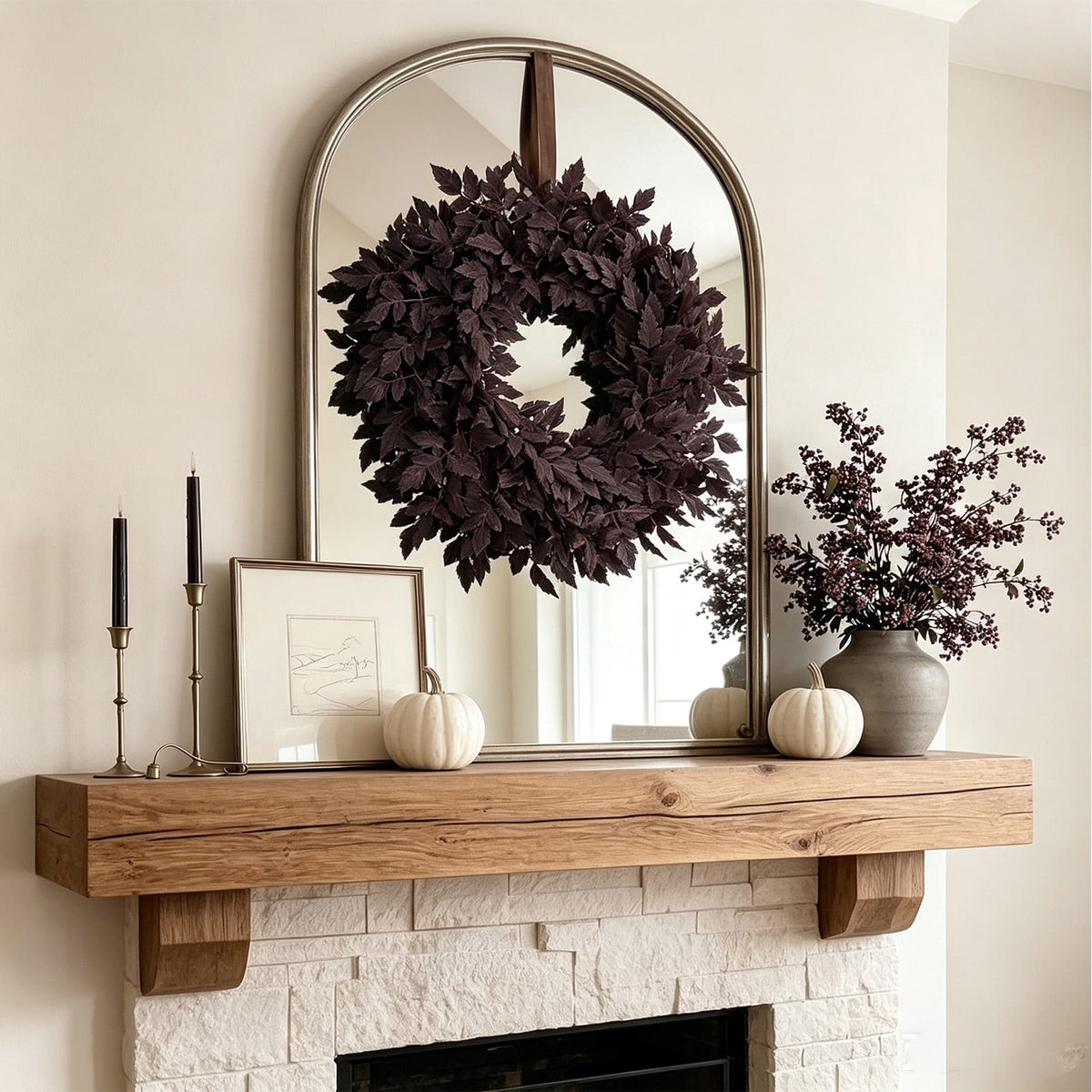 Fall Decor - Fall Wreaths for Front Door, 24 Inch Plum Cimicifuga Leaves Wreath, Autumn Harvest Halloween Decorations for Home Indoor Outdoor Mantle Window Wall Kitchen, Black