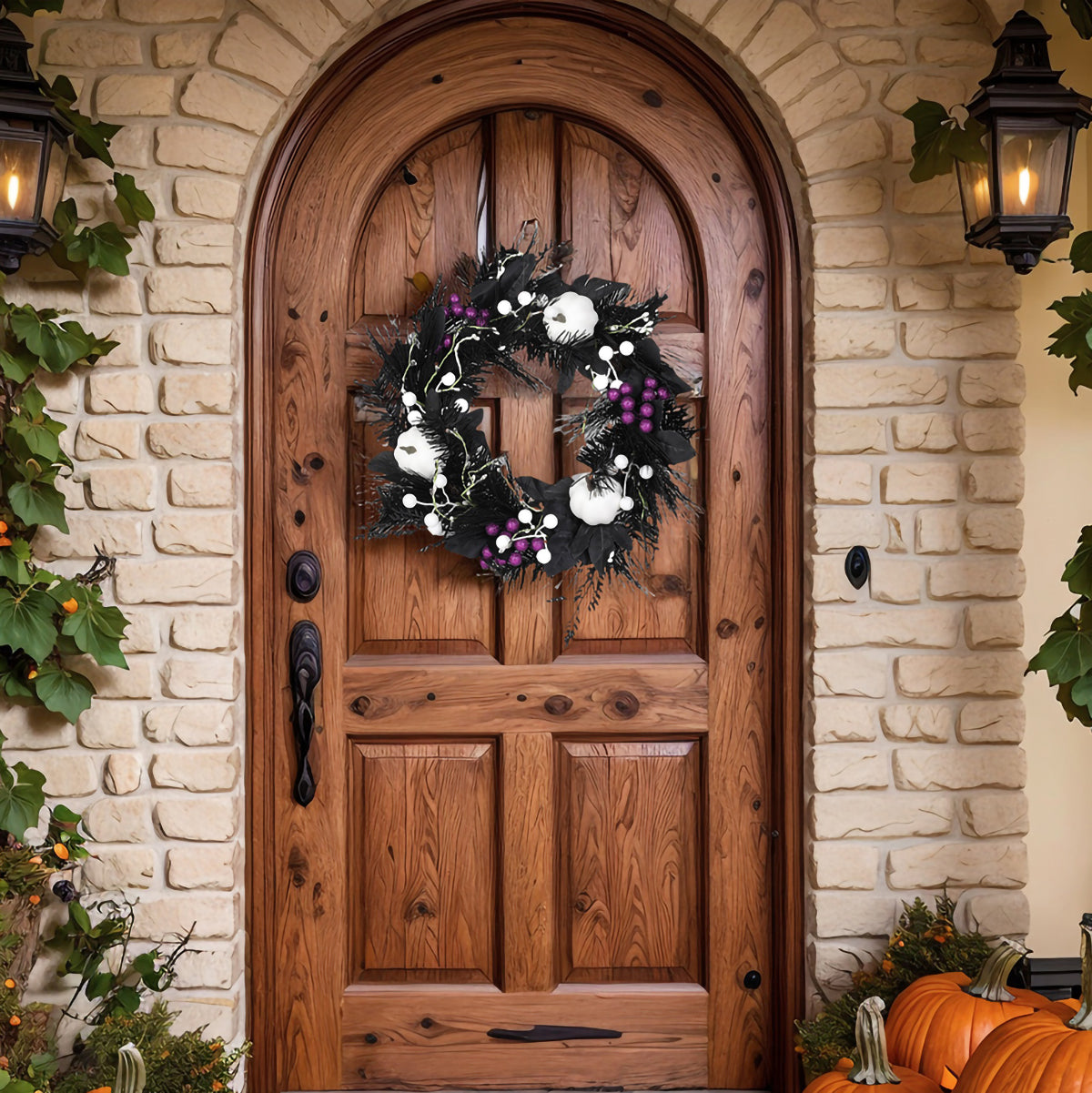 15.7 Inch Halloween Wreaths with White Pumpkin, Black Wreaths for Front Door, Halloween Decoration for Indoor Outdoor Wall Window Porch Patio Garden