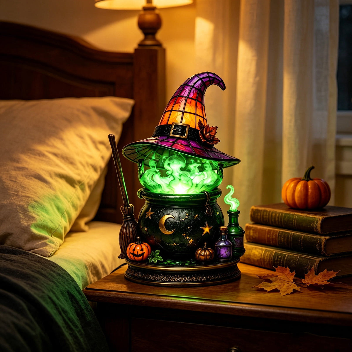Halloween Lighted Witch Cauldron Decor Lamp, Stained Glass Witch Hat Magic Pot Night Light with Pumpkin & Potion Bottle Details, Spooky Vintage Tabletop Ornament for Mantel Living Room Party