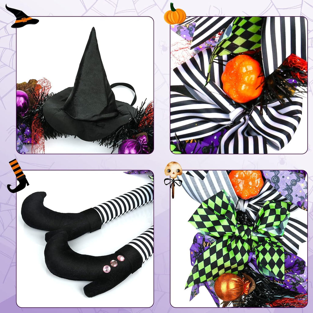 Halloween Wreath, 24Inch Halloween Wreaths for Front Door, Halloween Door Wreath with Hat Witches Legs and Pumpkin, Halloween Decorations for Front Door,Window,Indoor