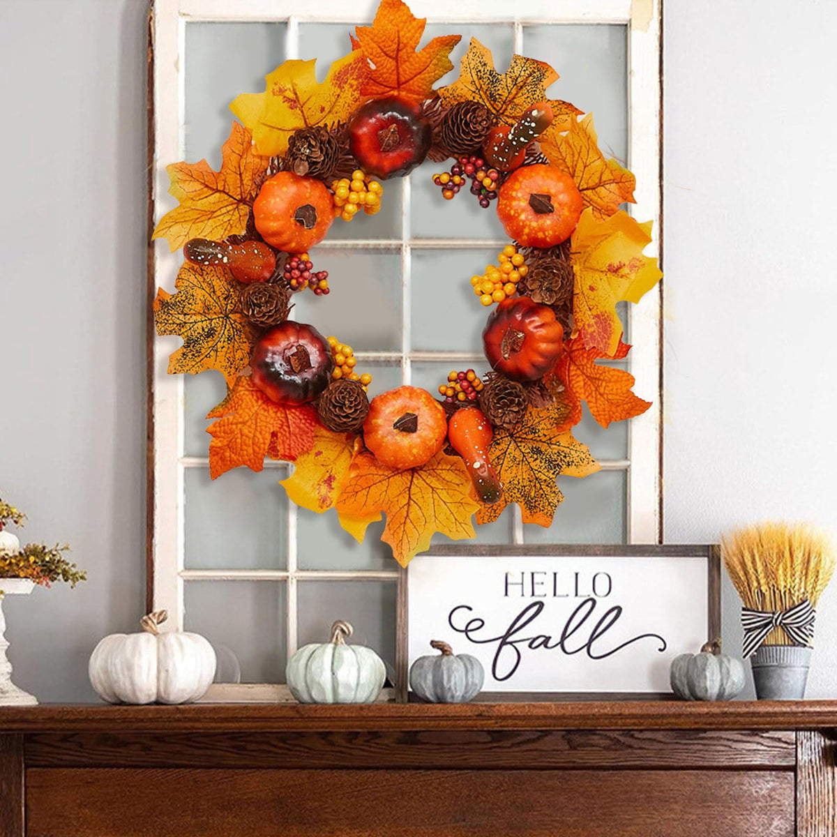 Autumn Wreath 14 Inch Fall Decor for Home Front Door with Artificial Maple Leaf Pumpkin Berry Pinecone Harvest Thanksgiving Halloween Farmhouse Seasonal Decorations Indoor Outdoor,