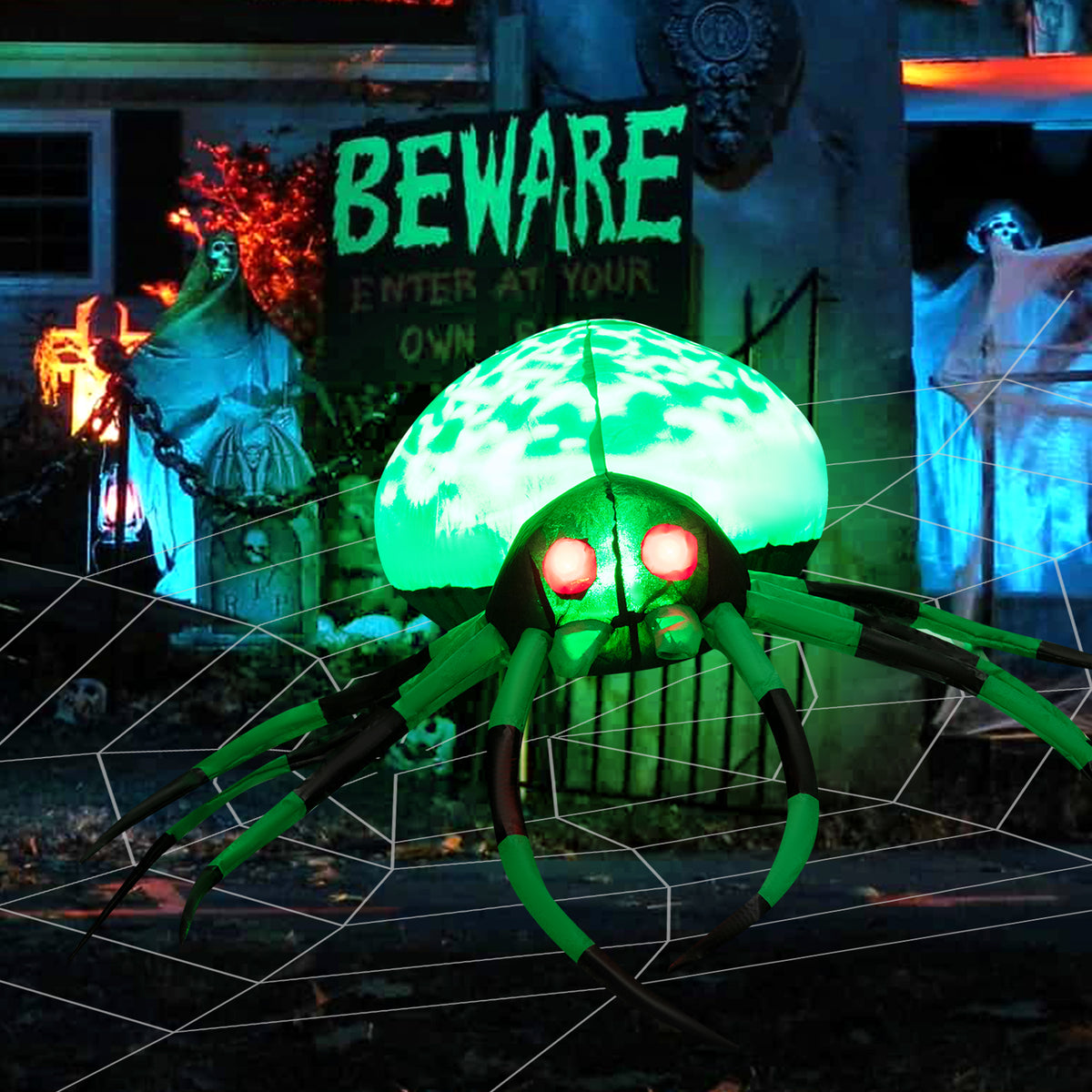 Patiojoy Halloween Inflatable Spider with Cobweb Creepy Blow-up Spider with LED Rotating LED Light Green Black Legs Waterproof Halloween Decoration