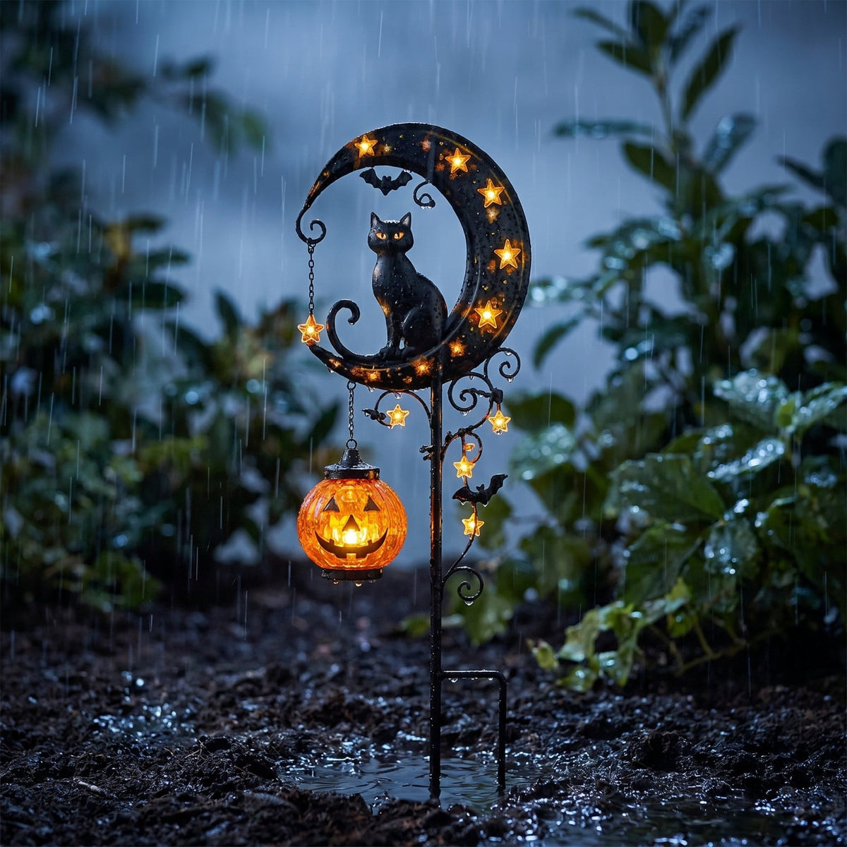 Solar Halloween Metal Moon Black Cat Garden Stake with LED Pumpkin Lantern, Light Up Star Bat Yard Decor Stake, Spooky Outdoor Lawn Pathway Halloween Decoration