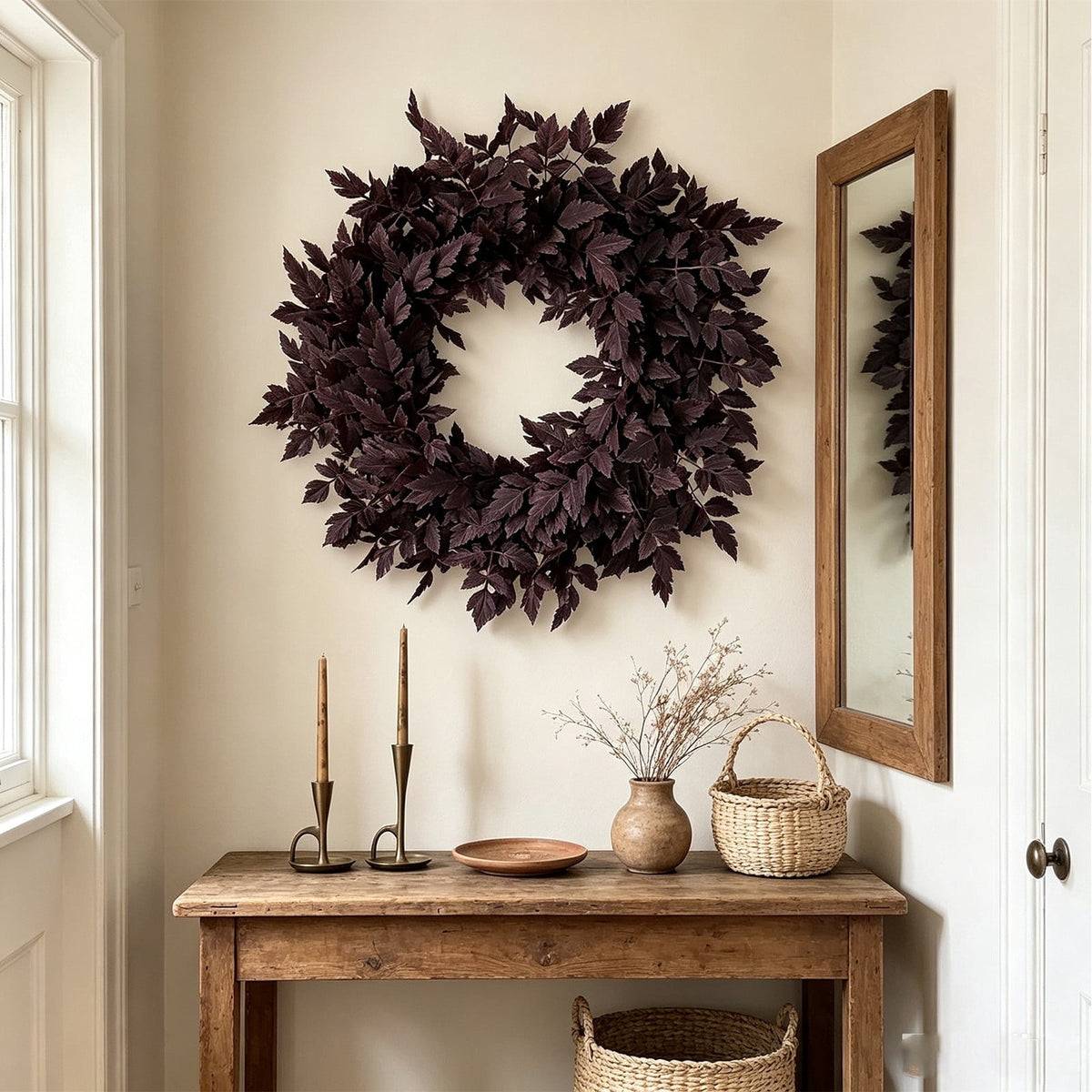 Fall Decor - Fall Wreaths for Front Door, 24 Inch Plum Cimicifuga Leaves Wreath, Autumn Harvest Halloween Decorations for Home Indoor Outdoor Mantle Window Wall Kitchen, Black