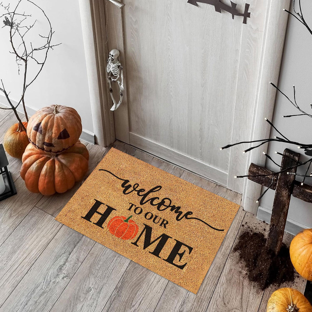 Uanit Fall Coir Doormat Welcome Pumpkins Door Mat Non-Slip Farmhouse Floor Mats Autumn Decorative Entrance Door Rugs for Halloween Thanksgiving Indoor Outdoor Bathroom Porch Decor, 15.7 x 23.6 Inch