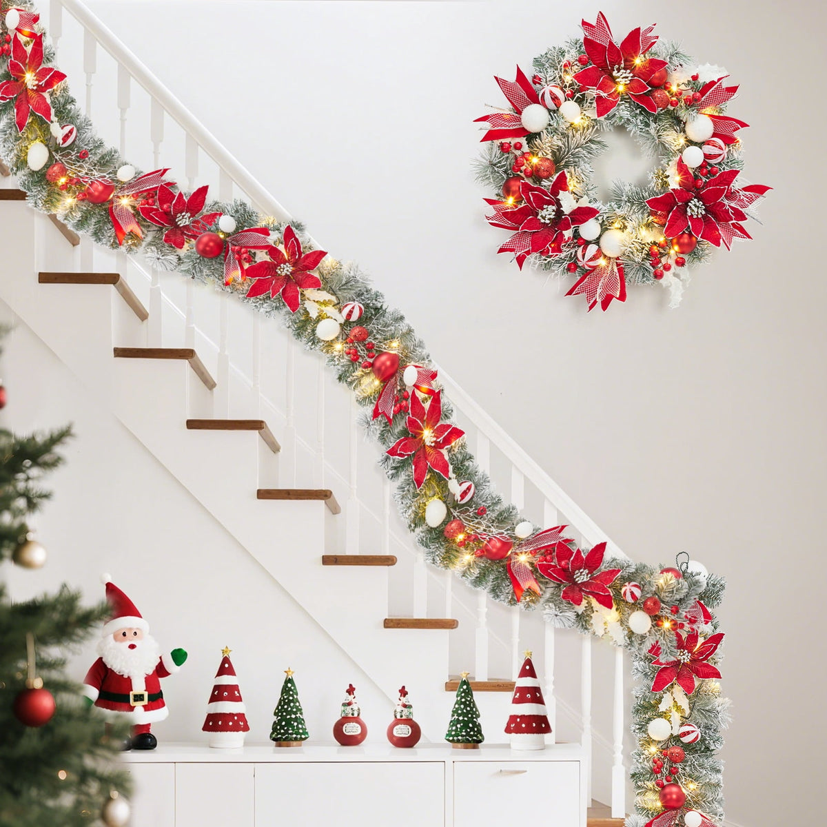 JoanKaren 24 inch Large Christmas Wreath Silver White with 20 LED Lights,Prelit Xmas Wreath w/ Ball Ornaments Pine Cone