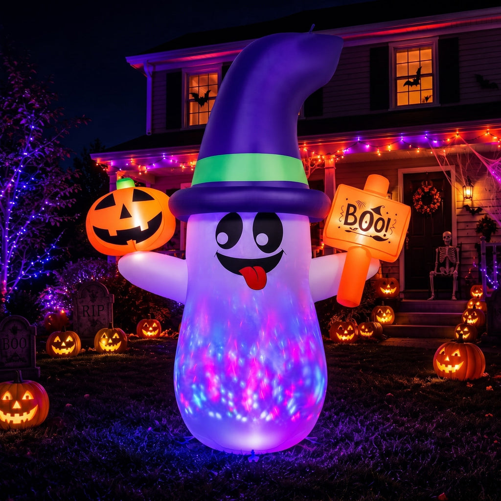 5ft Halloween Inflatable Ghost with Rotating Colorful LED Lights, Blow Up Ghost with Pumpkin & Boo Sign, Outdoor Halloween Yard Decoration for Lawn, Porch, Front Yard