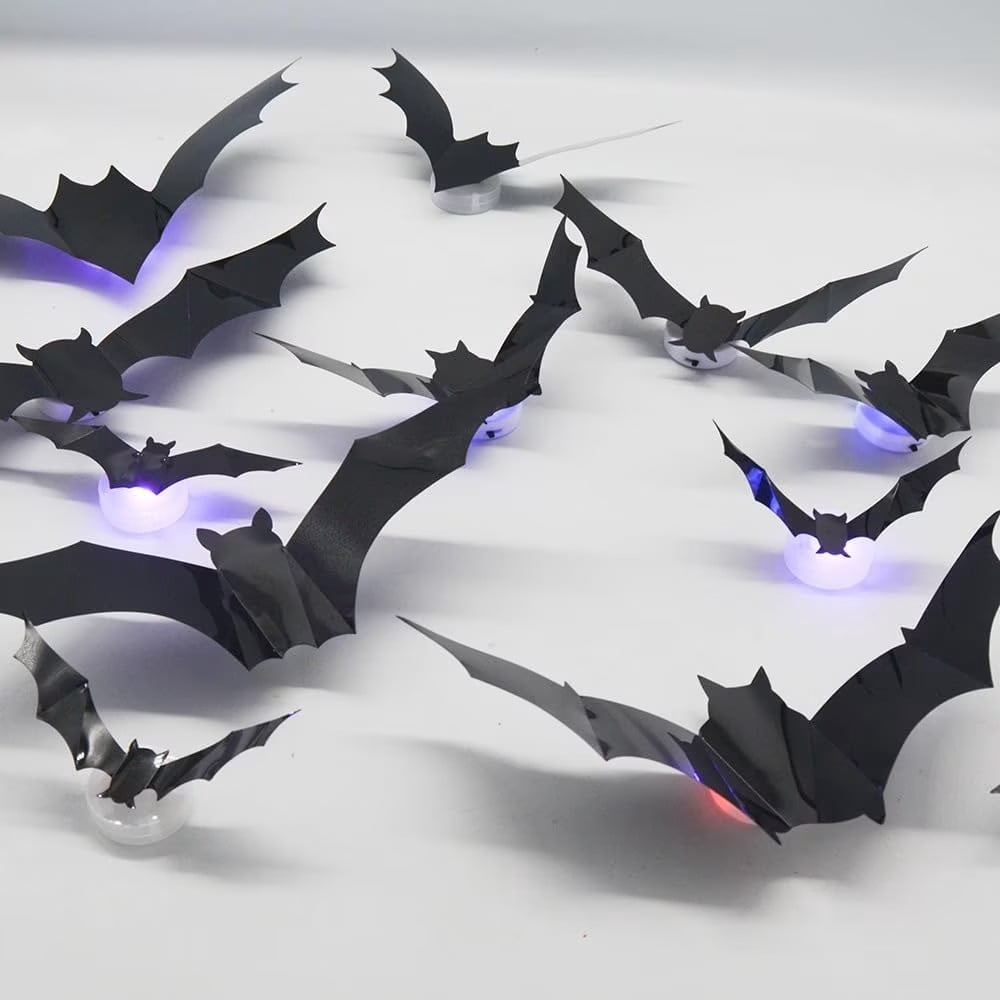 CQHVKQ 36 PCS Halloween Bats Decorations, Realistic 3D LED Bats Wall Stickers Decor, Assorted Size Removable Lighted PVC Bats DIY Wall Sticker for Halloween Party, Bedroom, Home, Indoor and Outdoor