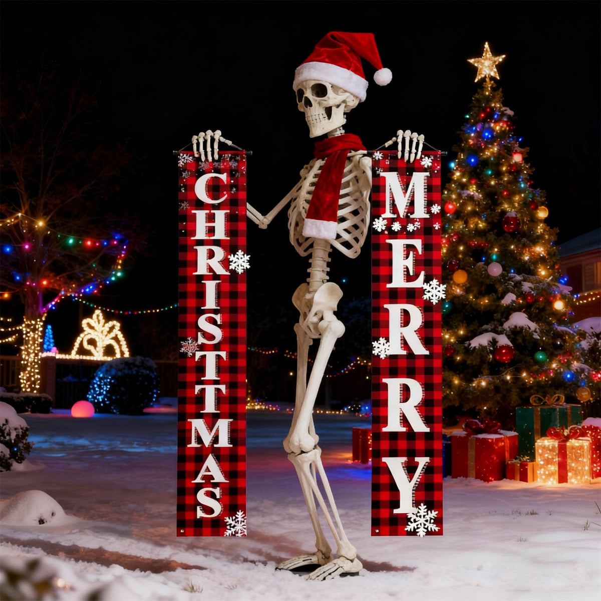 Giant Skeleton Christmas Outfit,12ft Skeleton Christmas Accessories Costume Including Giant Santa Hat,Xmas Banners,Scarf for Garden Lawn Indoor Outdoor Decor