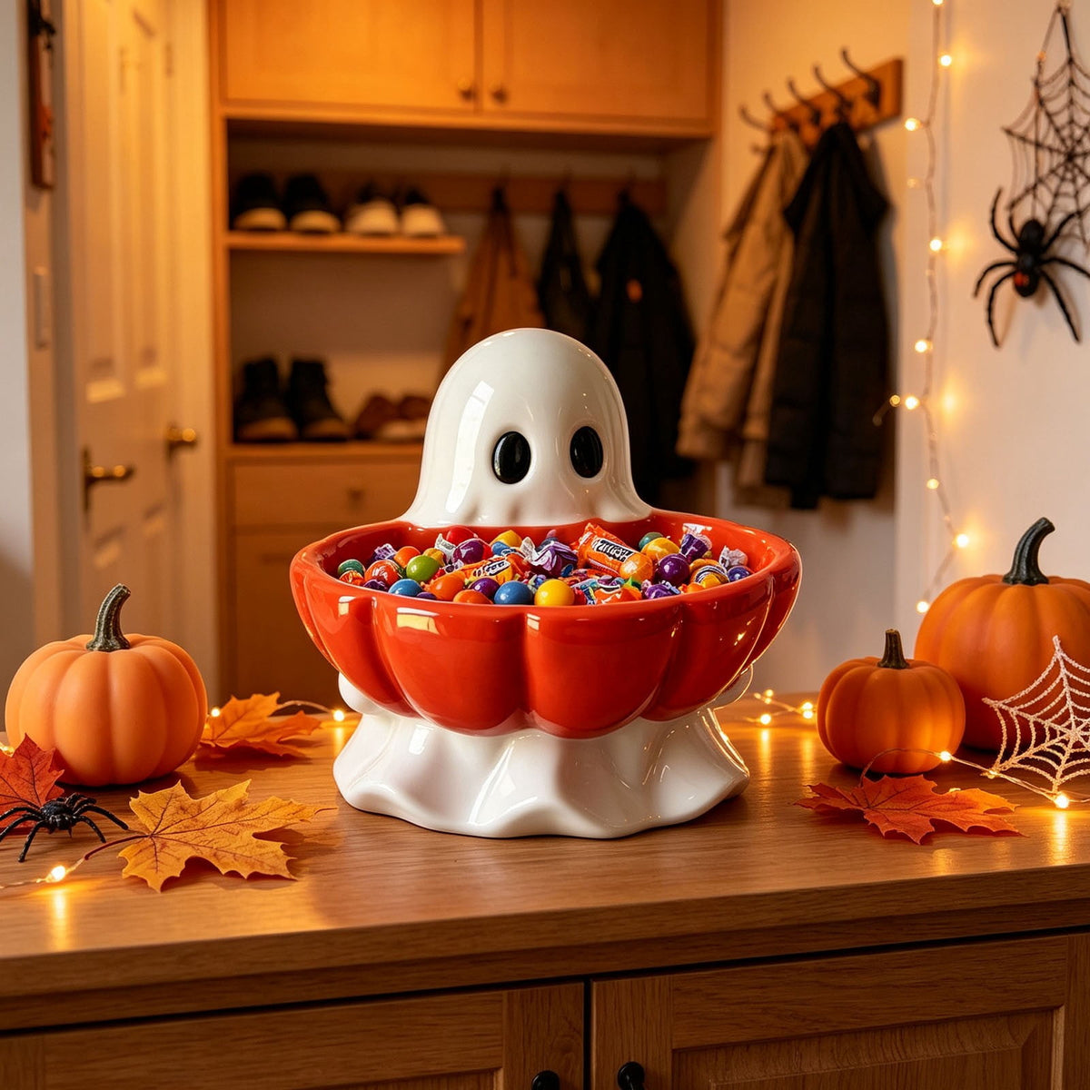 Halloween Decoration Ghost Figurine 11in Resin Ghost Statues with Pumpkin Candy Bowl for Outdoor Indoor Front Door, Porch Yard Lawn Party Decor