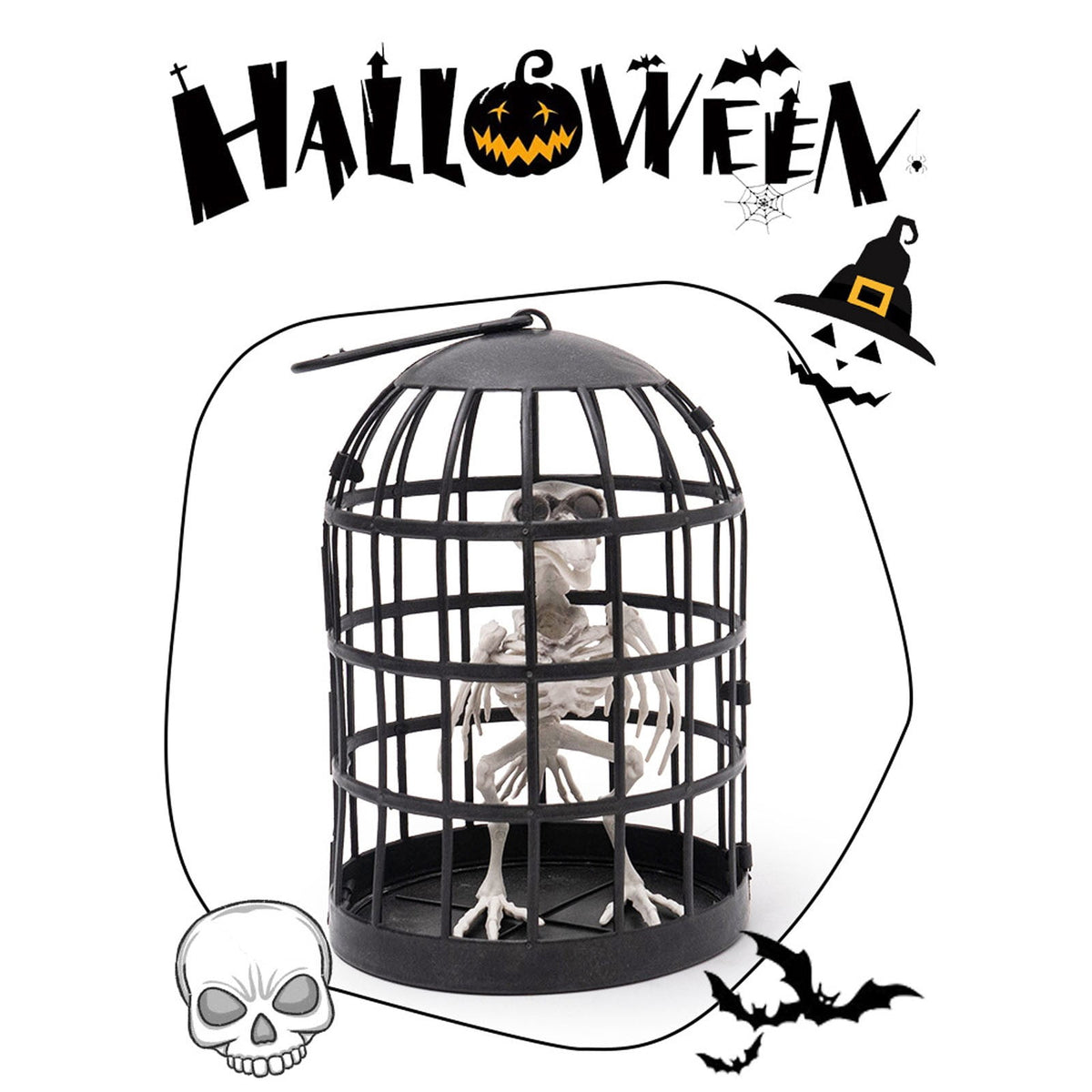 Clearance! Hanging Bird Skeleton Decoration,Scary Realistic Animal Crow Skeleton In The Cage,Scary Posable Movable Joints Raven Skeletons In Cage Prisoner For Halloween Haunted Houses Party Outdoor
