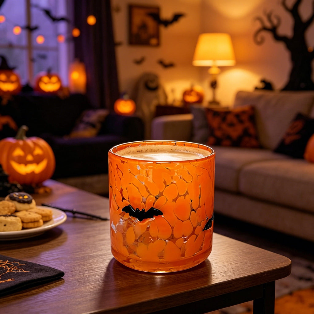 Qocolcyl Halloween Icon Glass Cups - 3.5x4.7in Ghost Bat Snake Pumpkin Icon Juice Stemless Wine Glasses Double Old Fashioned Hand Blown Drinking Cups for Halloween Party Gift