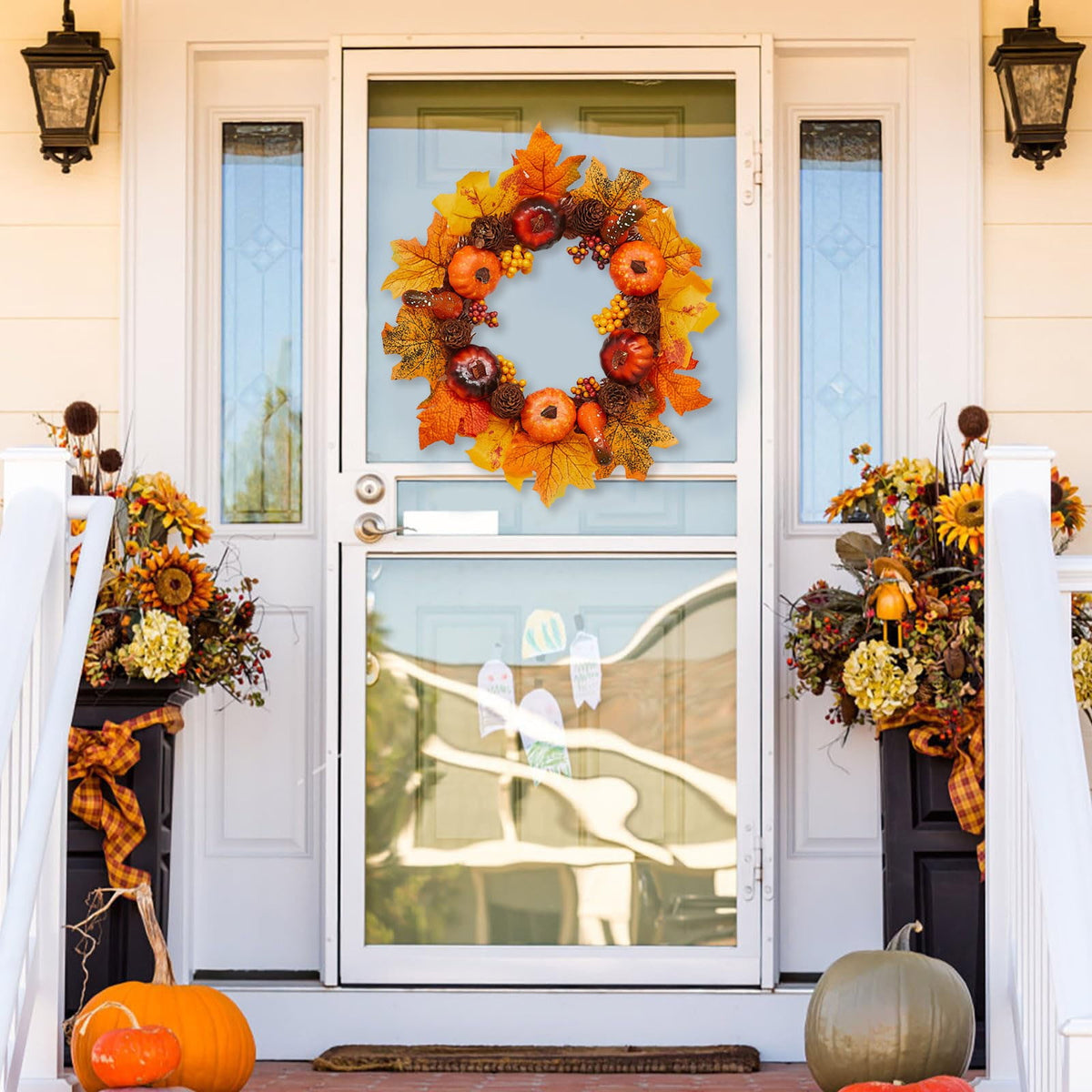 Autumn Wreath 14 Inch Fall Decor for Home Front Door with Artificial Maple Leaf Pumpkin Berry Pinecone Harvest Thanksgiving Halloween Farmhouse Seasonal Decorations Indoor Outdoor,