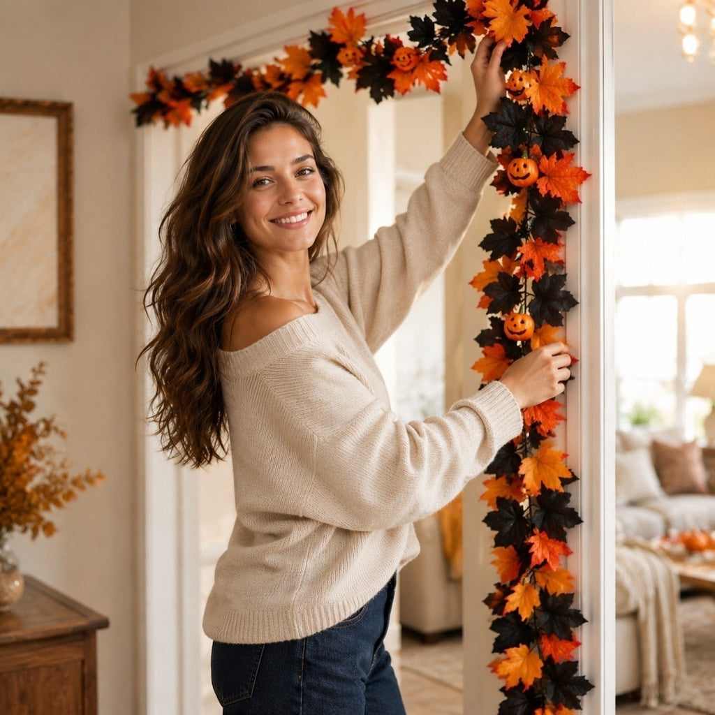 WKSCLPAI Halloween Maple Leaf Garland, Fall Vine Wreaths for Autumn Festivities Decor,Seasonal Garlands for Home,Halloween & Fall Decorations