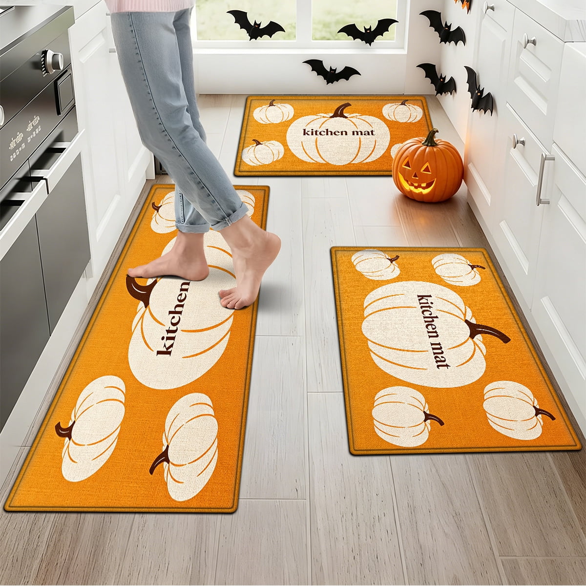 YIMEIS Halloween Orange Ghost Pumpkin Black Cat 1Pc Flannel Mat & Kitchen Rugs,Soft Non-slip,16''×24'' Inches,for Entryway Bathroom