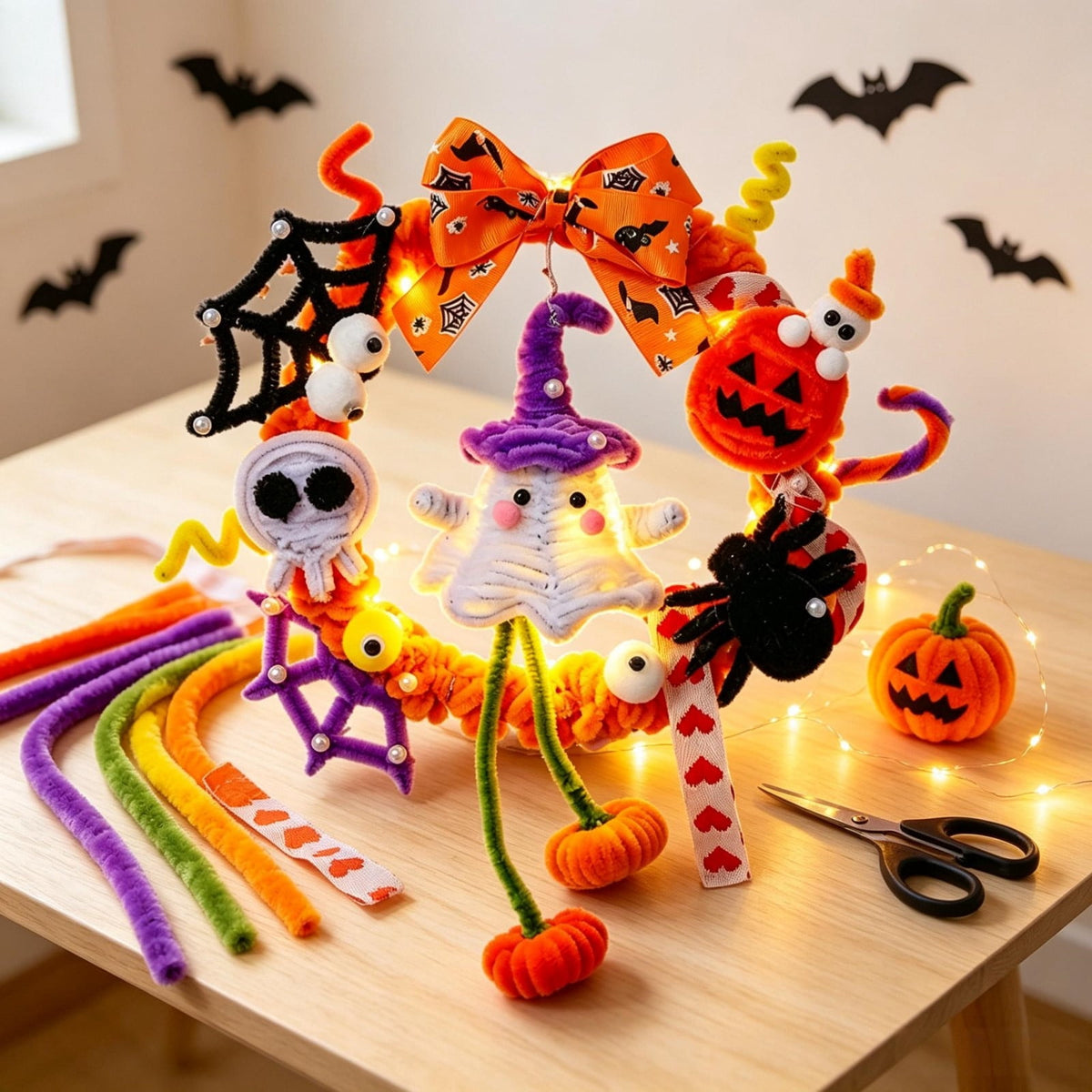 WWC Halloween Wreath, Orange LED Pumpkin and Bats Wreath, Gothic Halloween Decorations Wreath for Front Door, Indoor Outdoor Party Decor