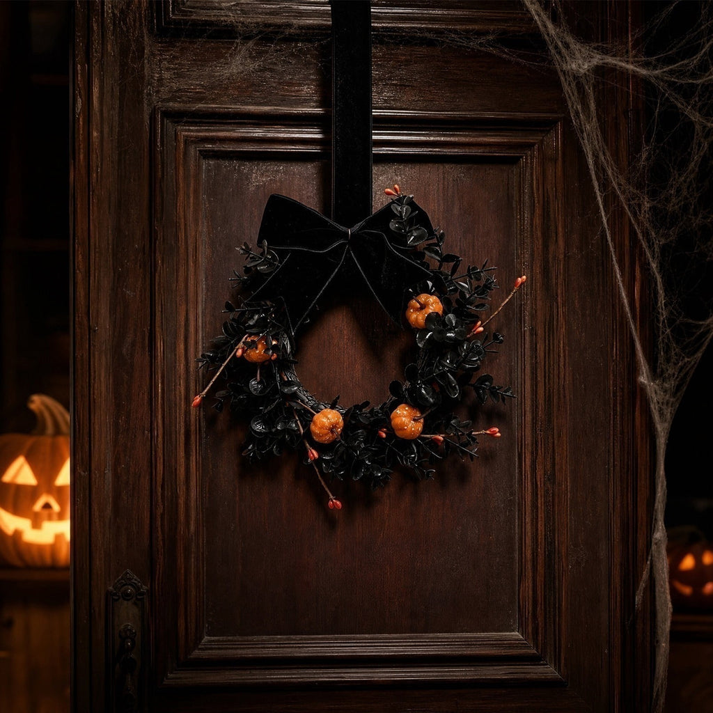 Halloween Wreath for Front Door, Pumpkin and Black Foliage Decorative Wreath with Hanging Ribbon, Reusable Seasonal Wall Decor for Entryway Mantel Porch Gothic Halloween Display