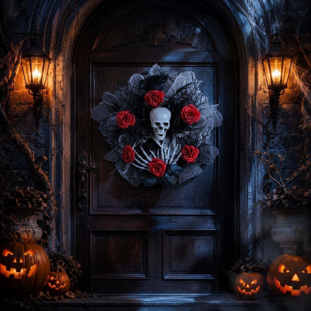 Halloween Artificial Rose Flower with Skull Head, Fake Silk Rose Bouquet, Red or Black Roses with Mini Skull