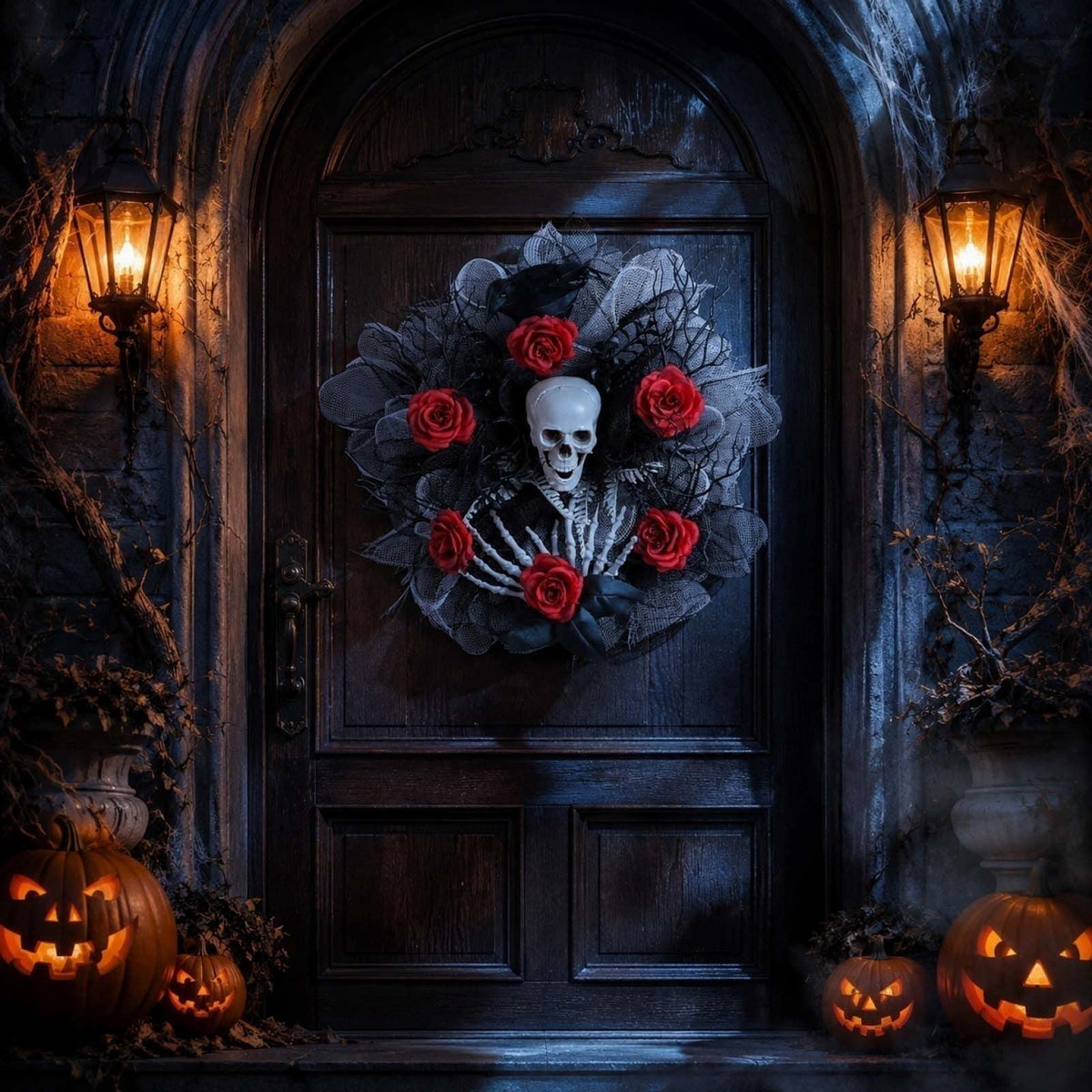 Halloween Artificial Rose Flower with Skull Head, Fake Silk Rose Bouquet, Red or Black Roses with Mini Skull