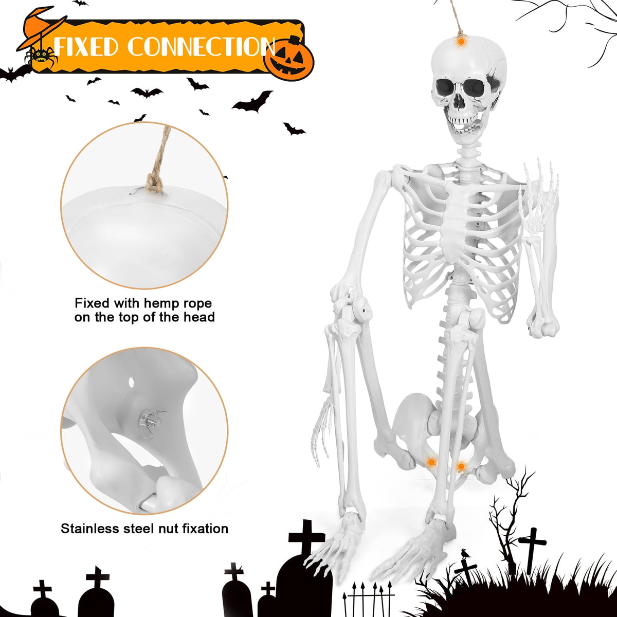 Cixusio 5.4Ft/165cm Halloween Skeleton Full Body Life Size Human Bones with Movable Joints for Indoor Outdoor Haunted House Party Halloween Props Decorations