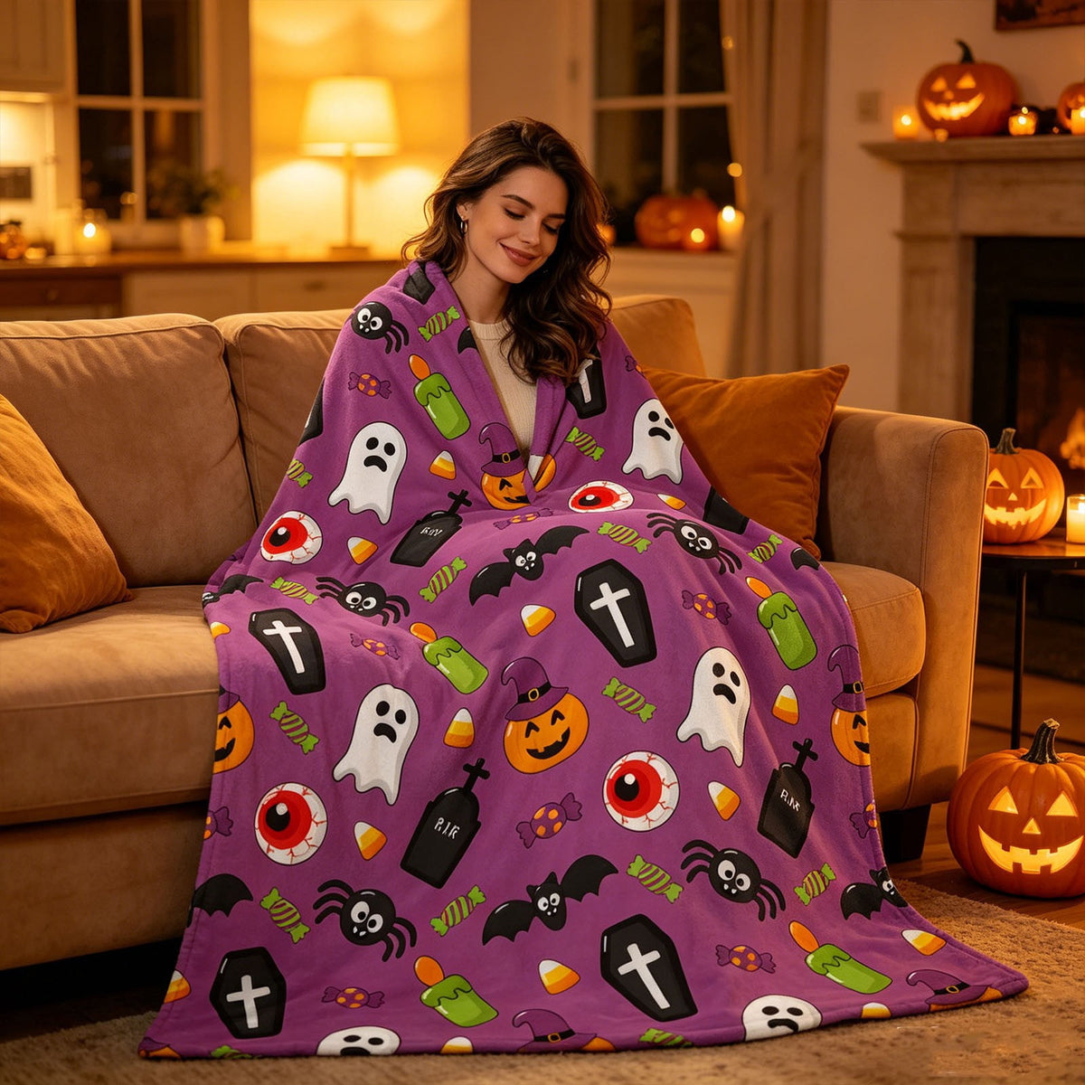 Halloween blanket,Halloween Print Throw Blanket Flannel Soft Cozy Decorative Nap Blanket with Ghost Pumpkin Skull for Office Bedroom Sofa Camping Travel(100x150cm/39x59 Inch),Black