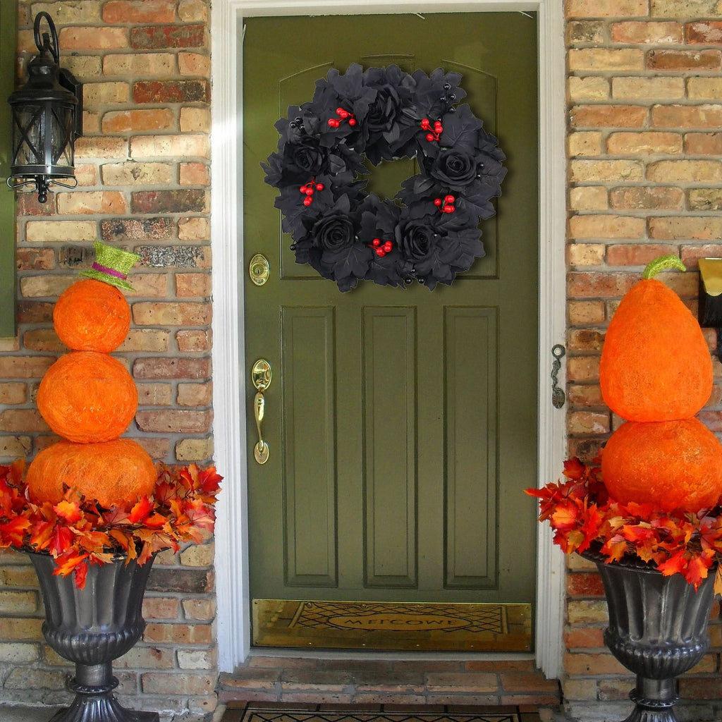 WWC Halloween Wreath, Artificial Silk Bats And Skulls Wreath, Gothic Halloween Decor for Fall Party Front Door Porch Mantel