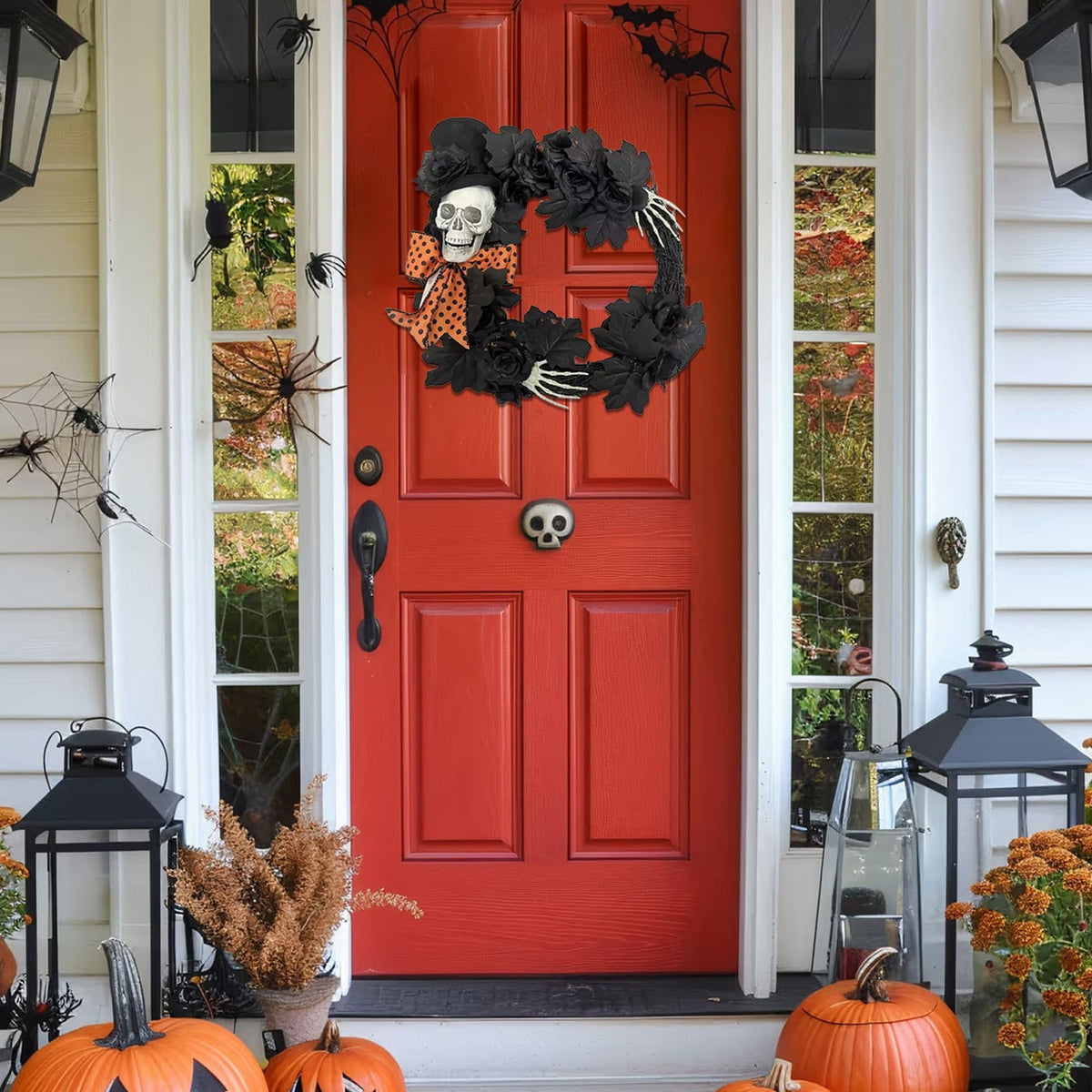 Halloween Wreath with Lights for Front Door, Collapsible Pre-Lit Wreath with Pumpkin Halloween Decorations for Home Wall Decor