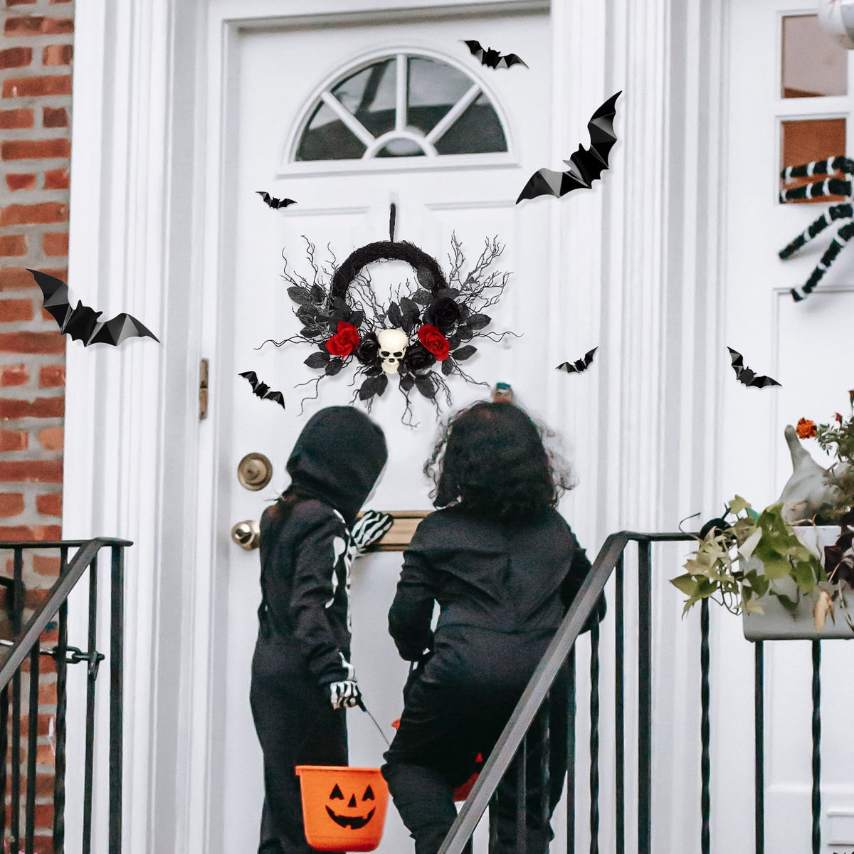 Adeeing Halloween Wreath 20 Inch Artificial Halloween Skull Wreath Decoration with Roses, Branches for Front Door Home Door Wall