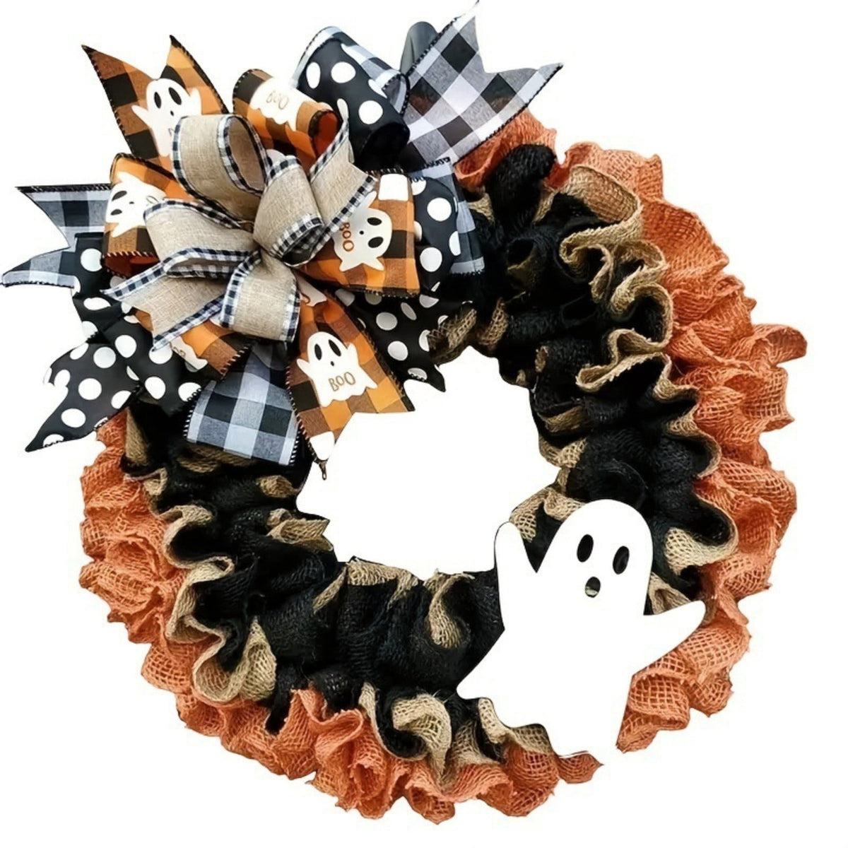 15" Halloween Boo Ghost Wreath for Front Door - Farmhouse Burlap Wreath with Bows, Indoor/Outdoor Decor for Home, Window & Party, Trick or Treat Welcome Sign