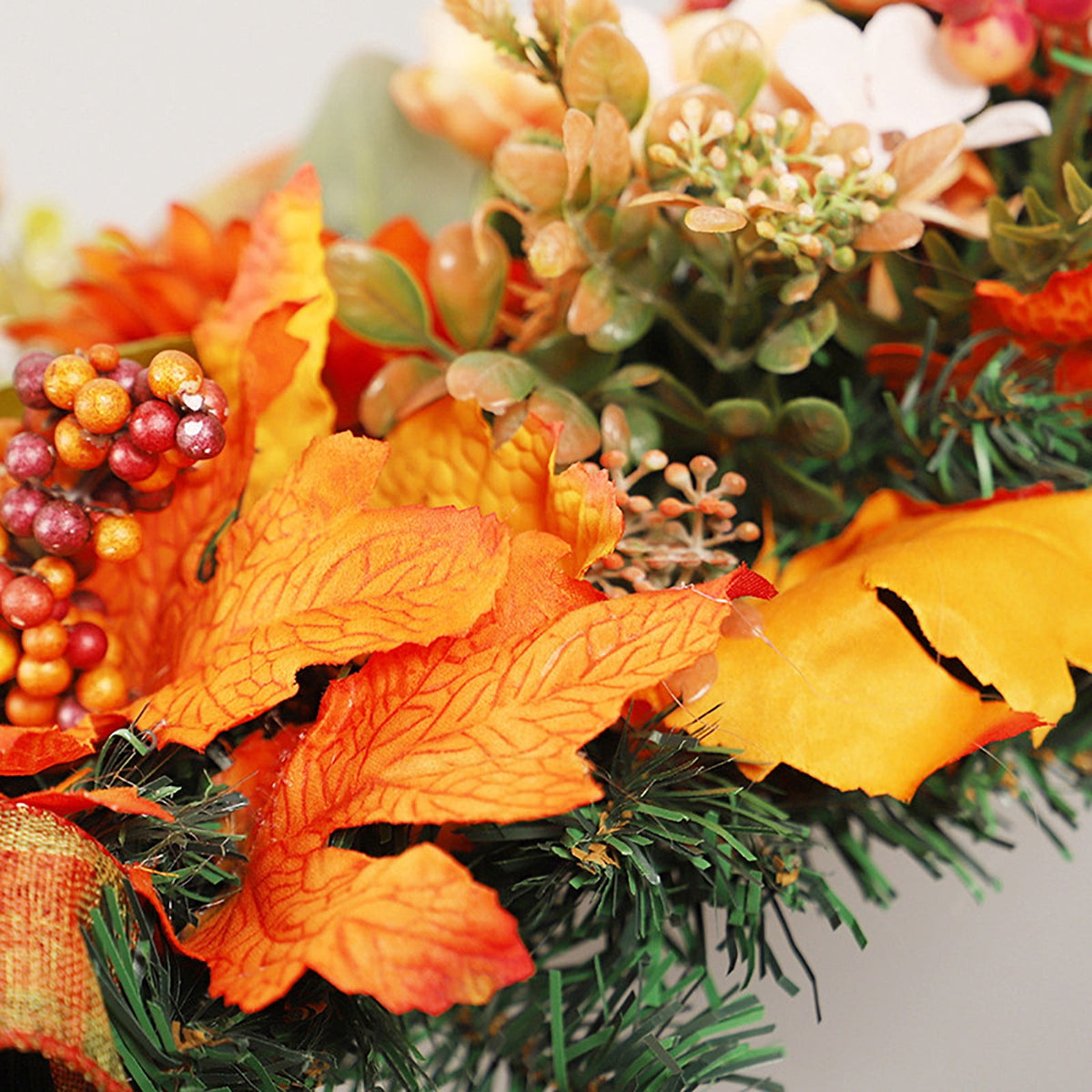 Artificial Fall Harvest Teardrop Swag for Front Door Thanksgiving Teardrop Wreath with Maple Leaves Berry Autumn Floral Swag for Home Wall(No Light,19.7Inch )