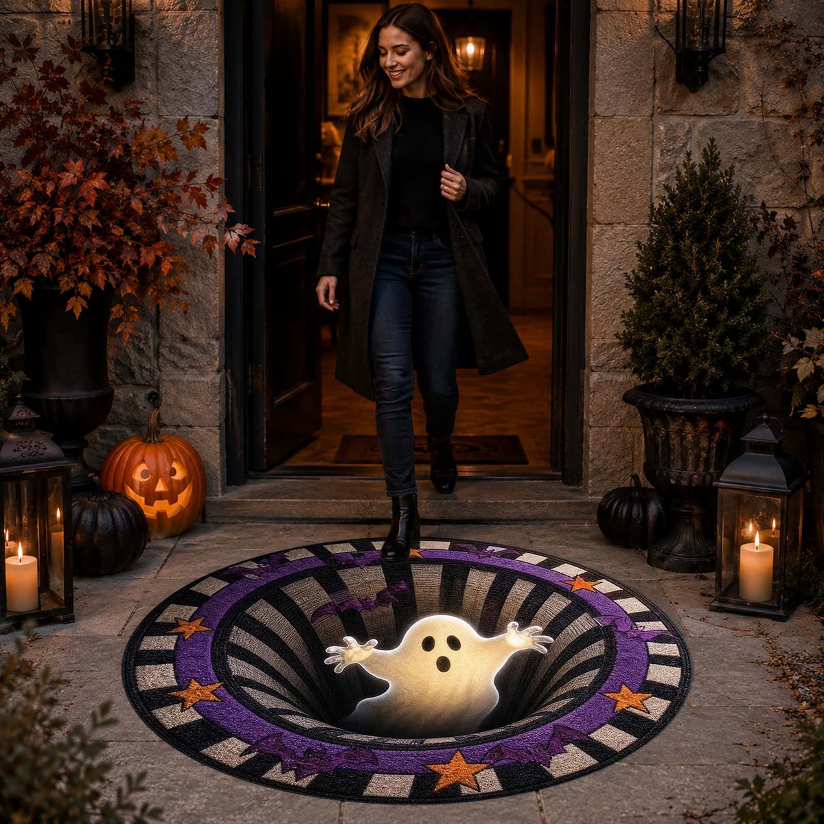 Win s Way 3D Illusion Round Halloween Rug Optical Illusion Doormat Non- Washable Entryway Decor Spooky Fall Front Door Mat for Party Decoration Available in 15.8/23.6/31.5 Inch