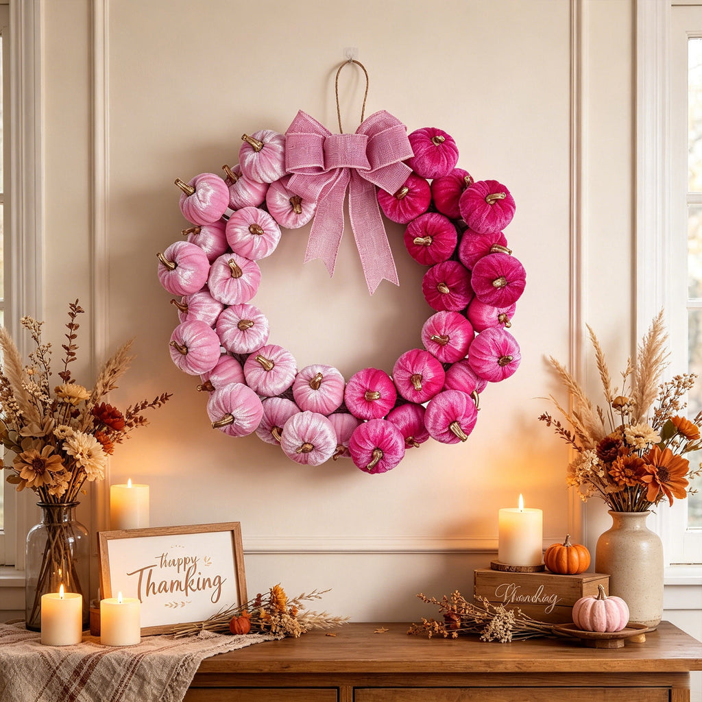 Diceymbol Pastel Velvet Pink Pumpkin Wreath with Pink Bow for Front Door Halloween Decorations 17 Inch