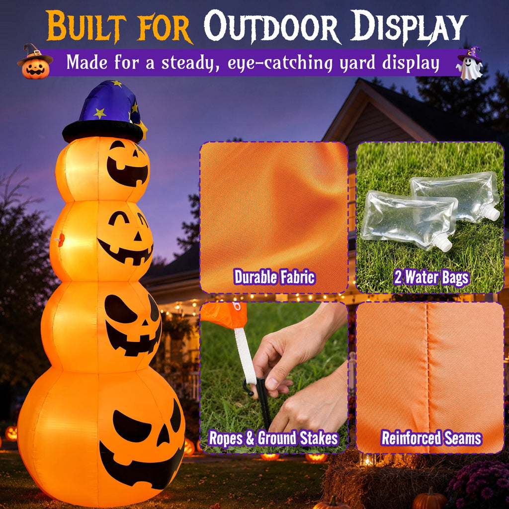 Qunler 8ft Halloween Pumpkin Stack Inflatable Decoration with Witch Hat, Polyester Material Lighted Blow up Yard Decor for Outdoor Lawn Garden