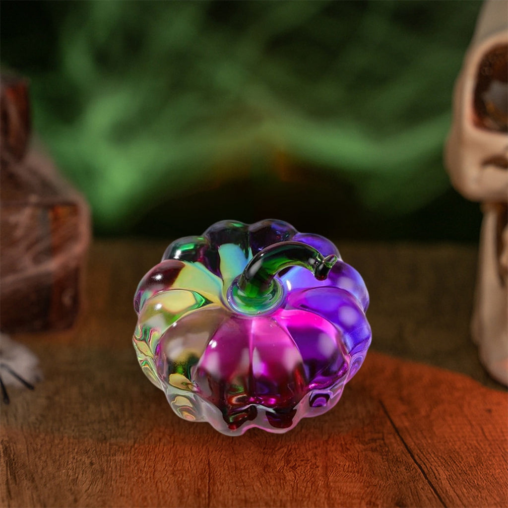 Fall Decor Mini Blue Hand Blown Glass Pumpkin Figurine Transparent Crystal Pumpkin with Green Stem Art Glass Fruit Tabletop Decor for Home Office Shelf Thanksgiving Halloween Gift