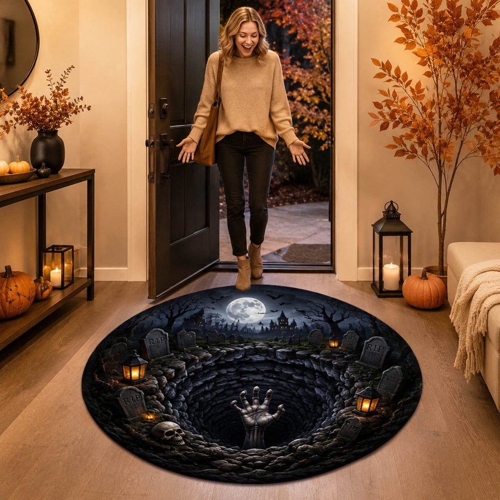 Win s Way 3D Illusion Round Halloween Rug Optical Illusion Doormat Non- Washable Entryway Decor Spooky Fall Front Door Mat for Party Decoration Available in 15.8/23.6/31.5 Inch