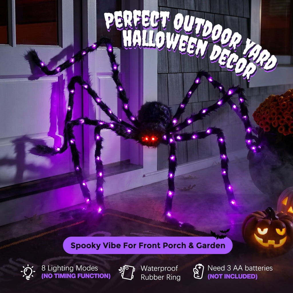 Ayieyill 5ft Giant Light-up Halloween Spider, Scary Hairy Fabric Spider for Indoor Outdoor Yard Haunted House Decor, Purple