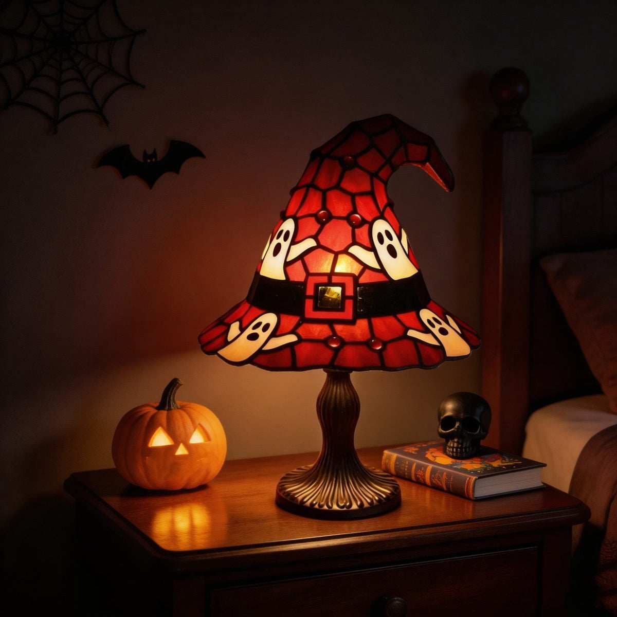 BZPIZ Witch Hat Lamp Handcrafted Retro Resin Stained Witch Hat Desk Lamp Halloween Home Decor Gothic Wizard Hats Night Light for Bedroom & Bookshelf