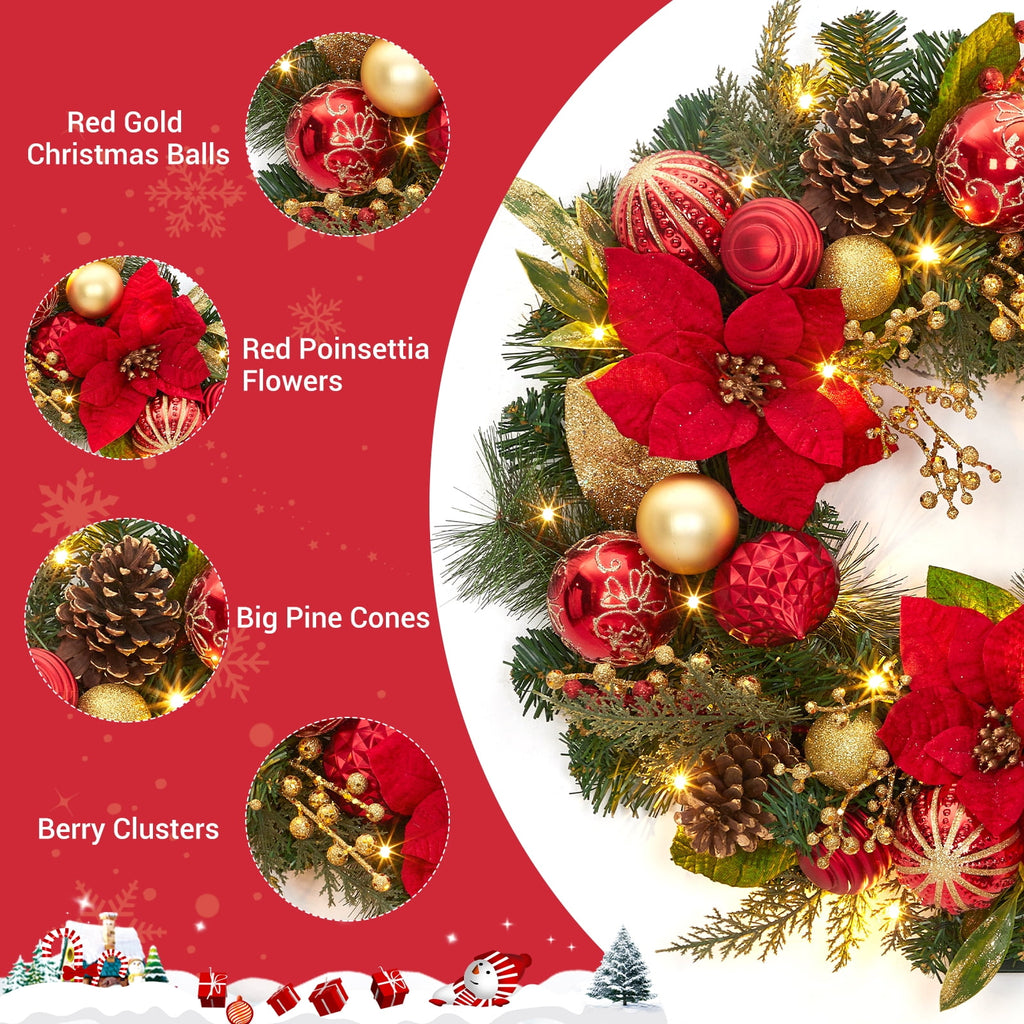 JoanKaren 24 inch Large Christmas Wreath Silver White with 20 LED Lights,Prelit Xmas Wreath w/ Ball Ornaments Pine Cone