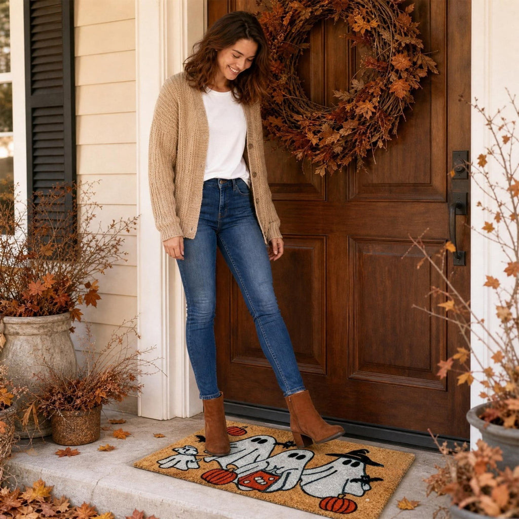 Fllostpr Halloween Pumpkin & Crow Welcome Doormat for Front Door, Non-Slip Vintage Brown Coir Floor Mat for Outdoor Porch Entryway Decor,16x24 Inch