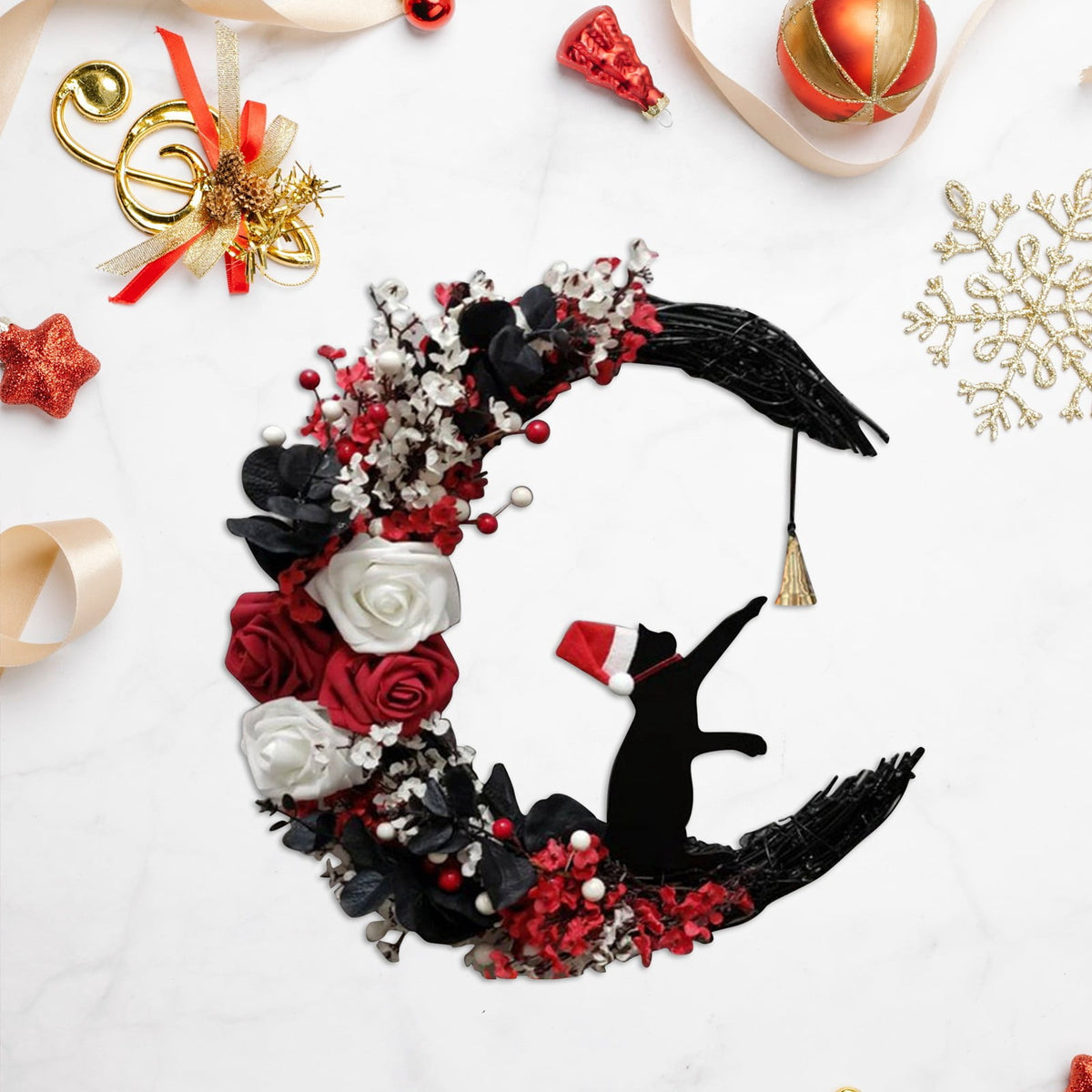 Uanit Creative Moon Cat Garland Farmhouse Wreaths for Front Door Wall Ornament Wreath with Flowers Rose Decorations Indoor Outdoor Window