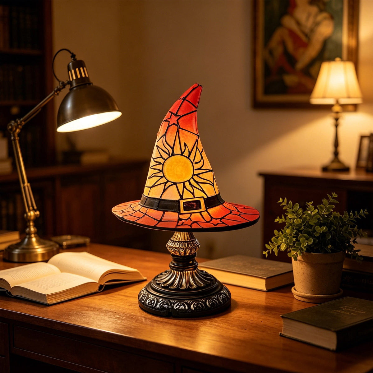 BZPIZ Witch Hat Lamp Handcrafted Retro Resin Stained Witch Hat Desk Lamp Halloween Home Decor Gothic Wizard Hats Night Light for Bedroom & Bookshelf