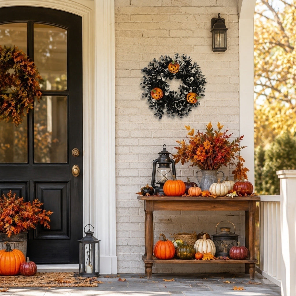 12 Inch Black Eucalyptus Halloween Wreath, Artificial Floral Door Wreath with Pumpkin Cutouts for Front Porch Indoor Door Halloween Party Gothic Home Decor