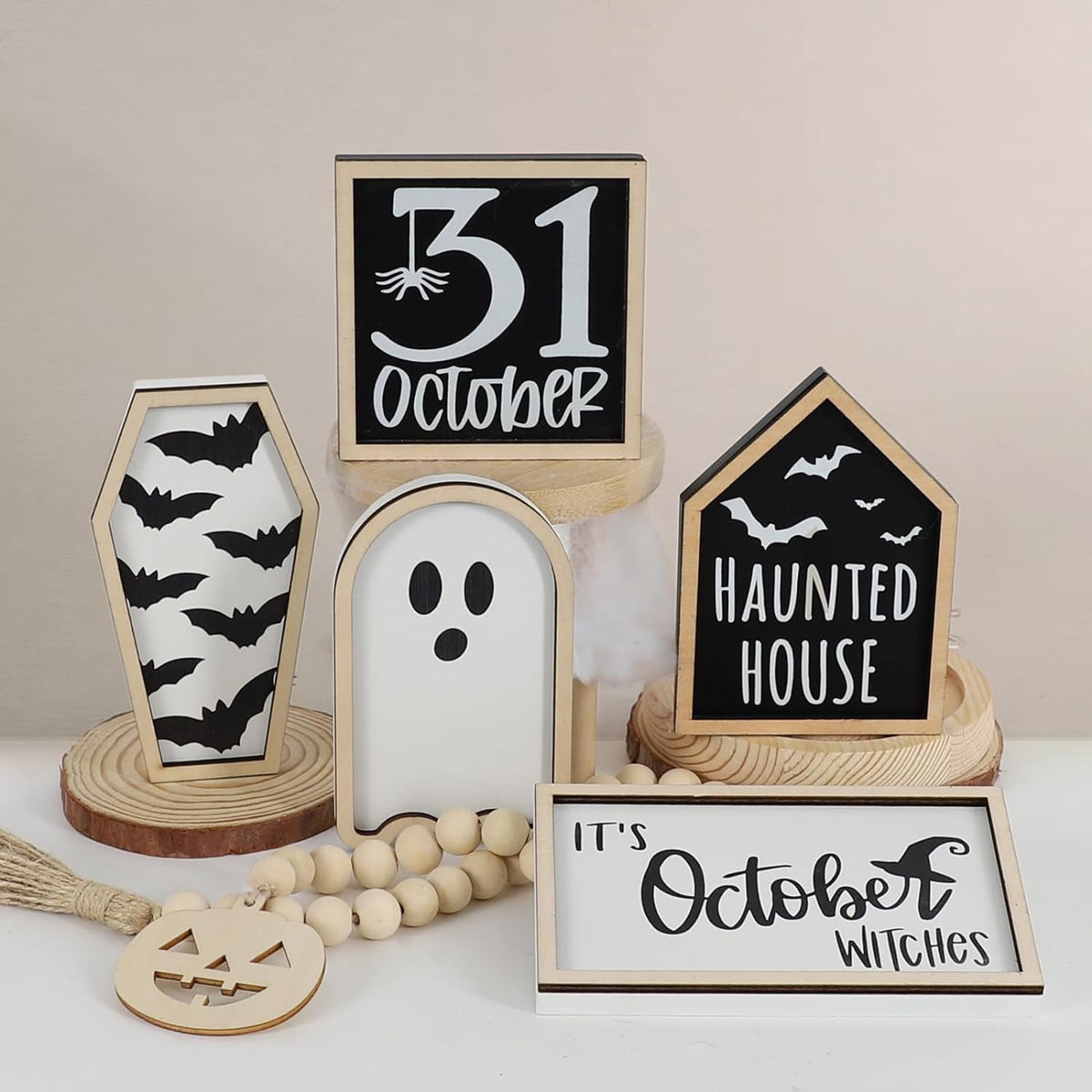 6-Piece Halloween Decor, Cute Wooden Halloween Decoration Indoor Tabletop Signs Farmhouse Rustic Tiered Tray Decor Halloween Party Decorations