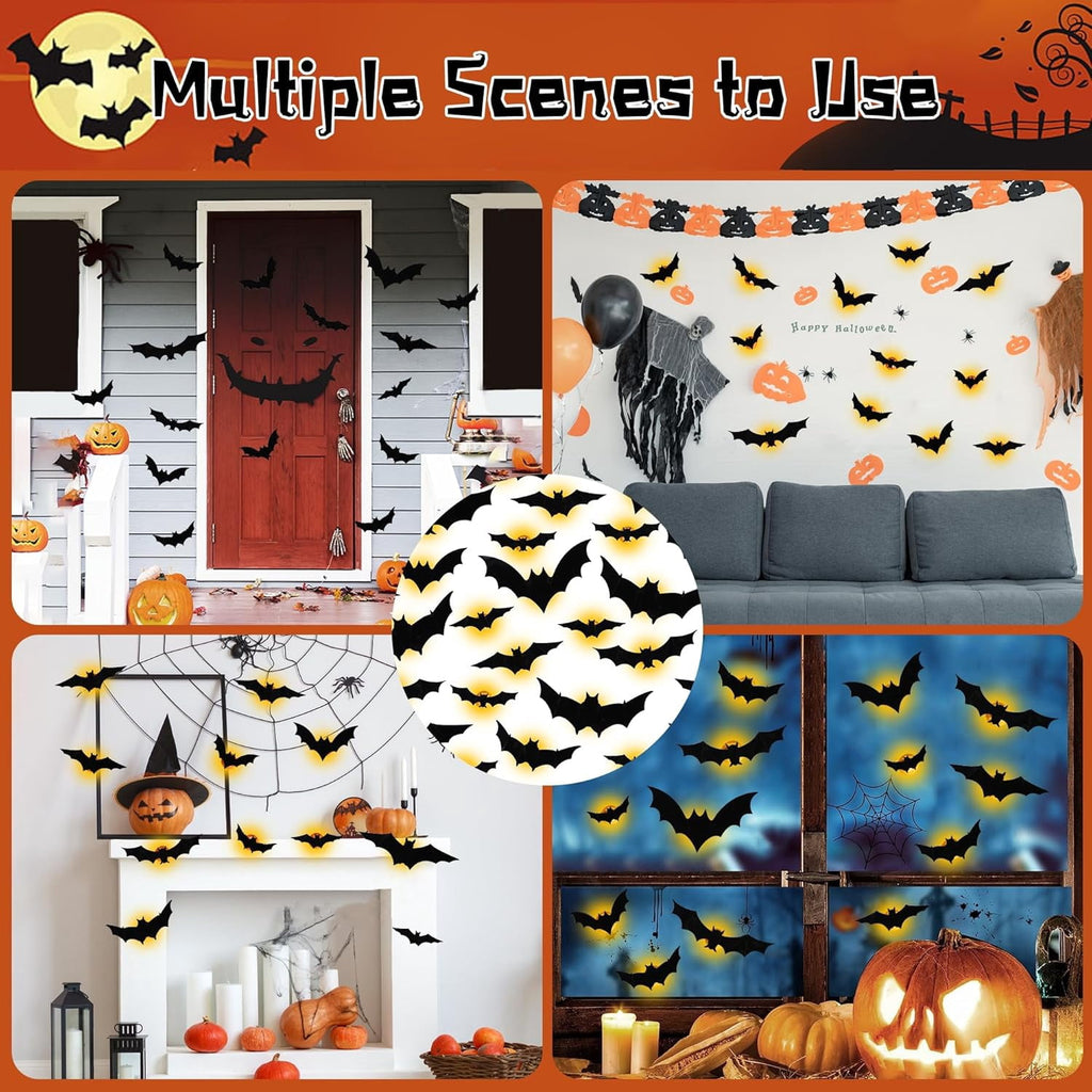 CQHVKQ 36 PCS Halloween Bats Decorations, Realistic 3D LED Bats Wall Stickers Decor, Assorted Size Removable Lighted PVC Bats DIY Wall Sticker for Halloween Party, Bedroom, Home, Indoor and Outdoor