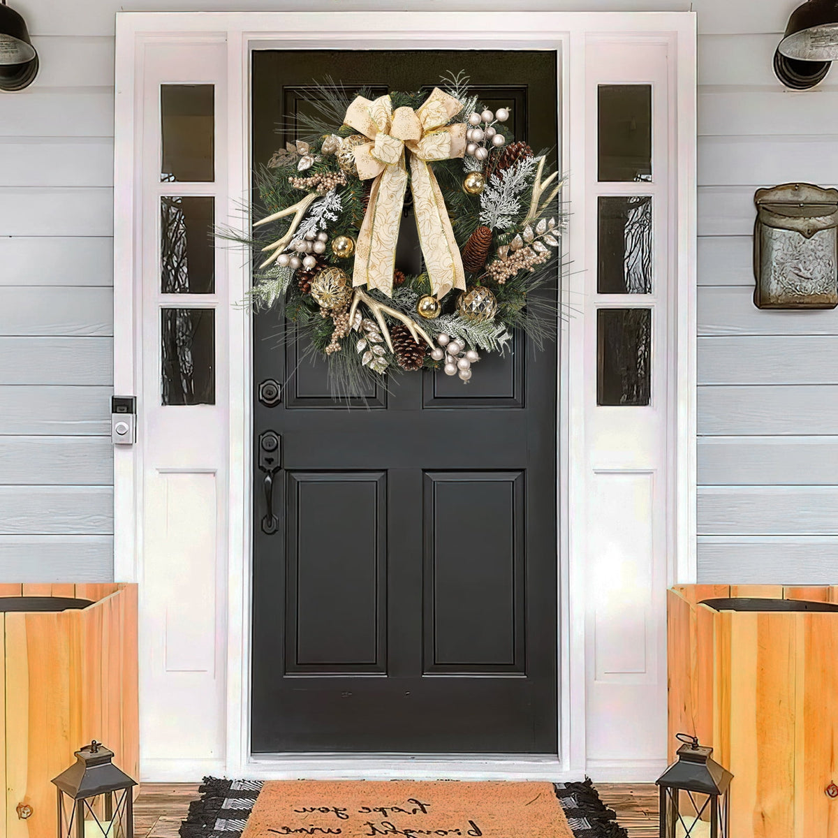 JoanKaren 24 inch Large Christmas Wreath Silver White with 20 LED Lights,Prelit Xmas Wreath w/ Ball Ornaments Pine Cone