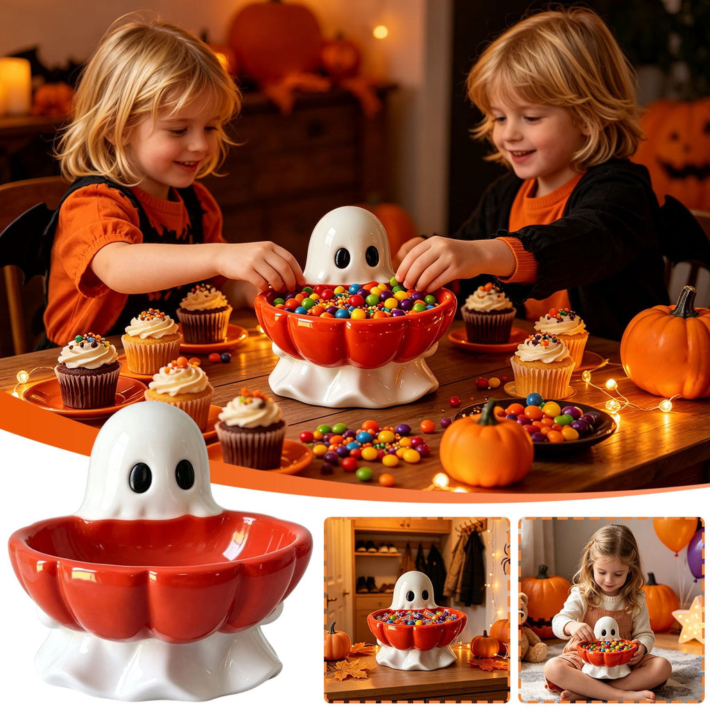 Halloween Decoration Ghost Figurine 11in Resin Ghost Statues with Pumpkin Candy Bowl for Outdoor Indoor Front Door, Porch Yard Lawn Party Decor